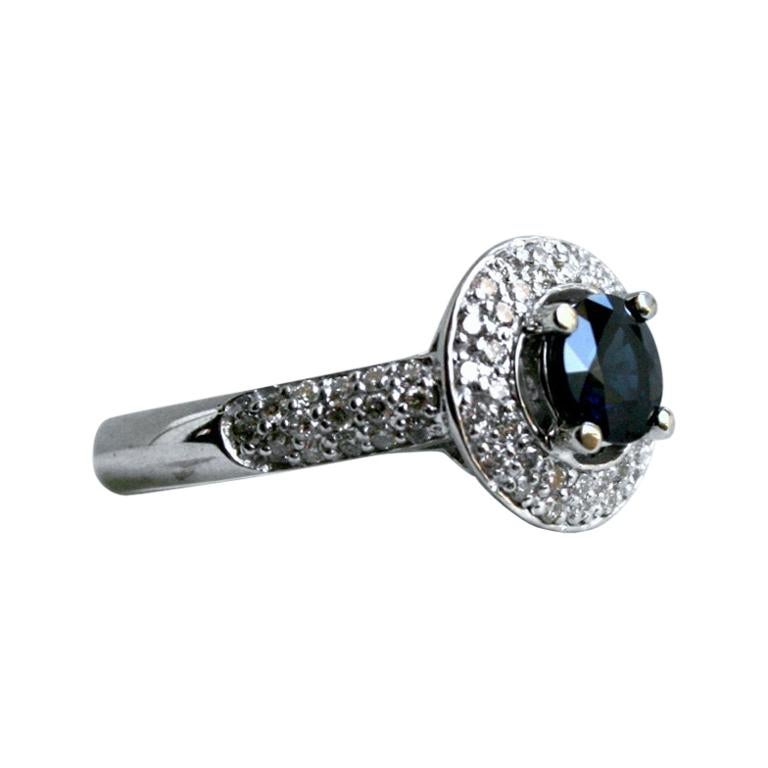 Vintage 14 Karat White Gold Pave Diamond and Sapphire Halo Ring, 1.89 Carat For Sale