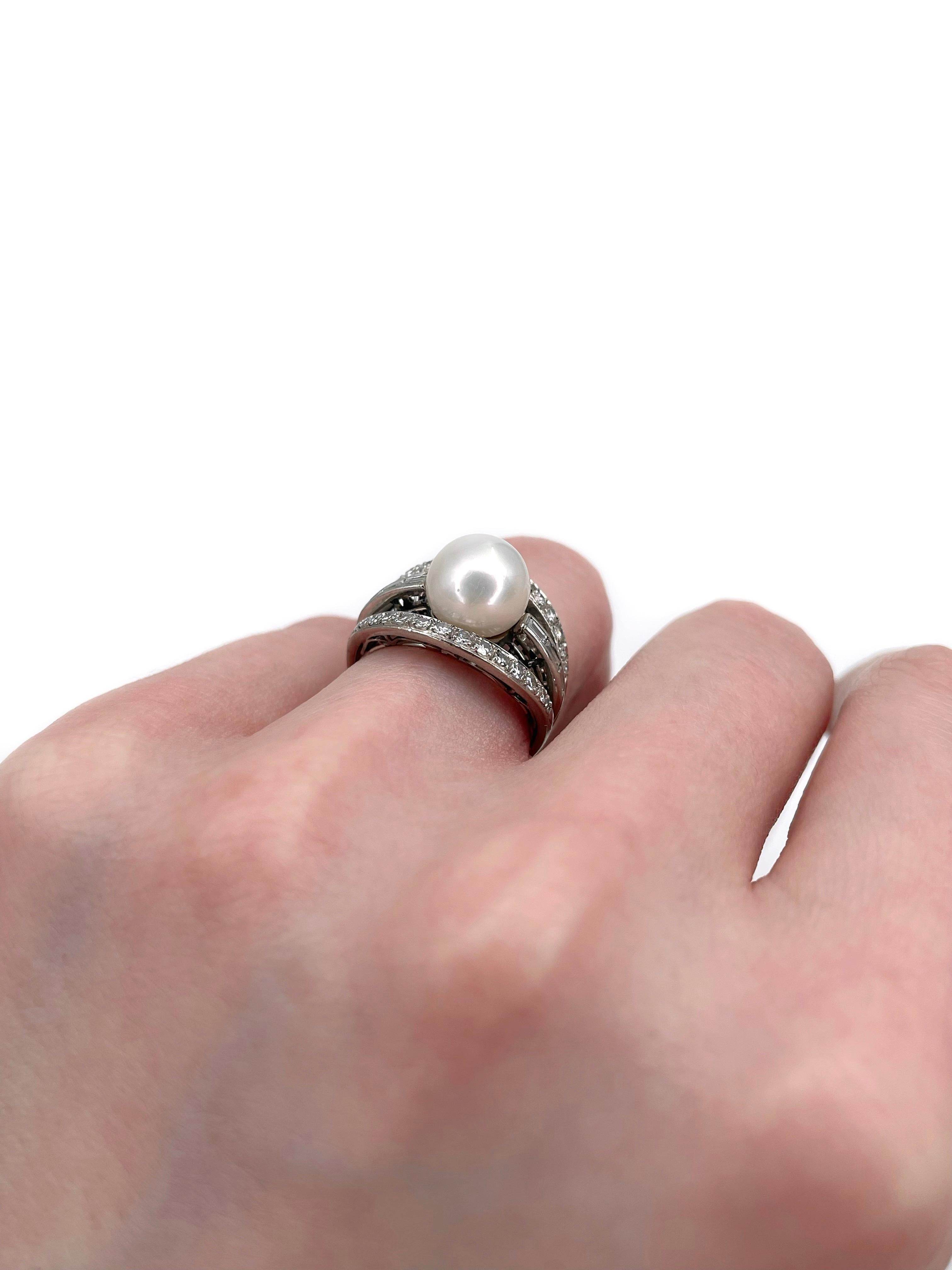 Modern Vintage 14 Karat White Gold Pearl 0.49 Carat Diamond Openwork Cocktail Ring For Sale