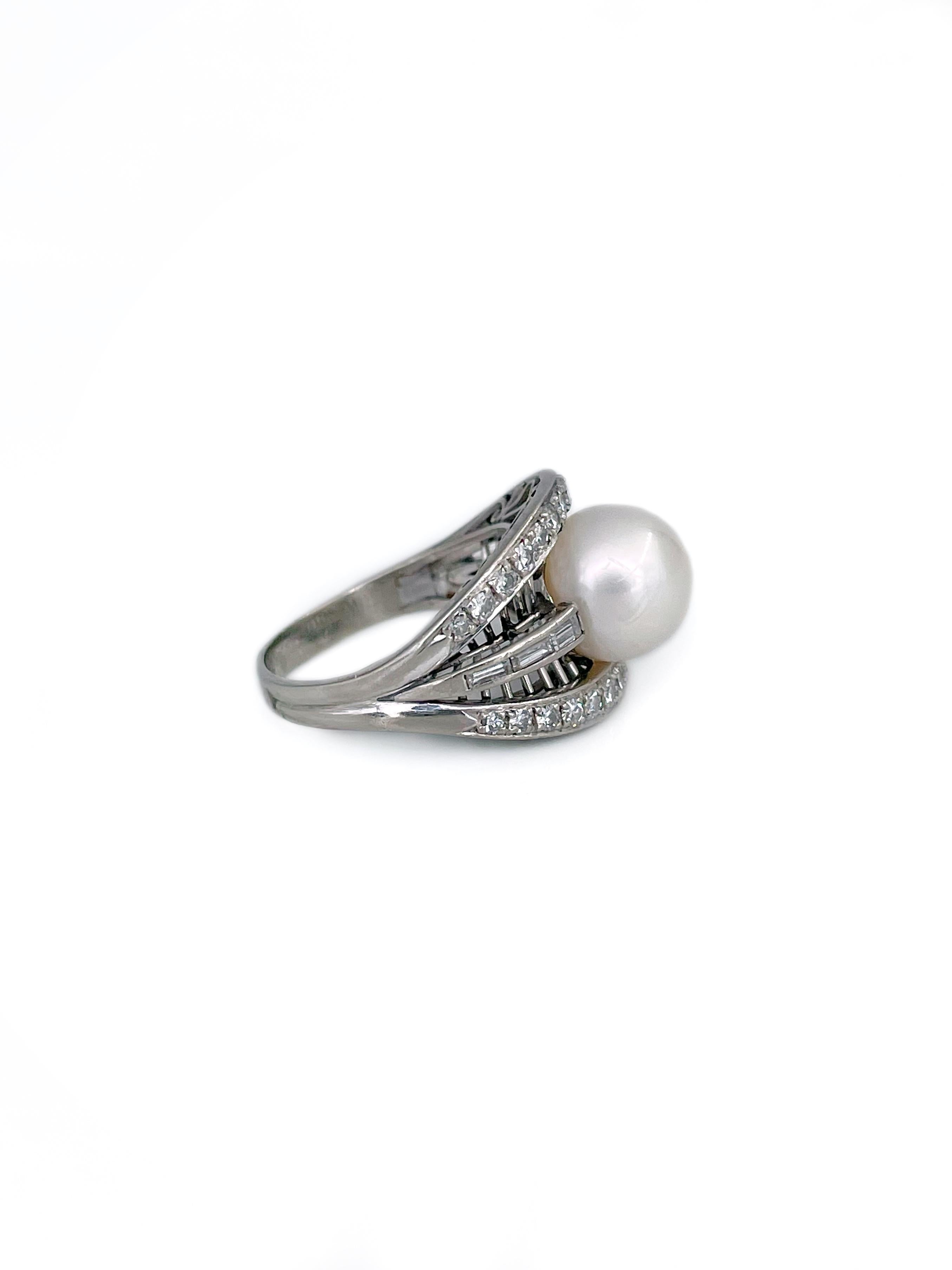 Mixed Cut Vintage 14 Karat White Gold Pearl 0.49 Carat Diamond Openwork Cocktail Ring For Sale