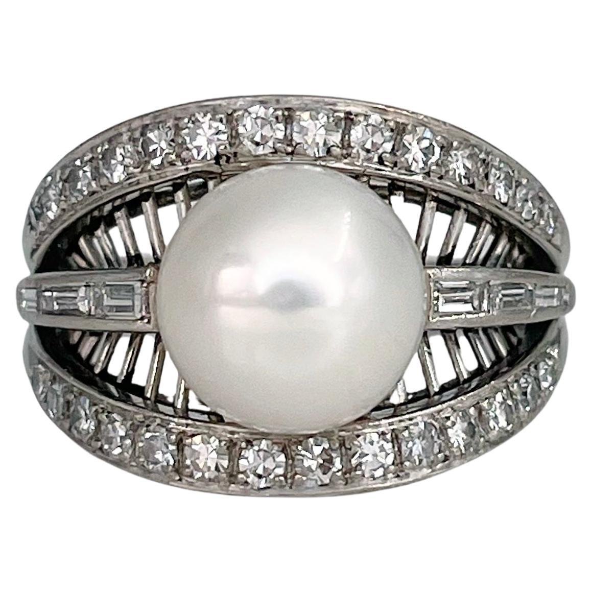 Vintage 14 Karat White Gold Pearl 0.49 Carat Diamond Openwork Cocktail Ring For Sale