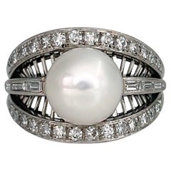 Vintage 14 Karat White Gold Pearl 0.49 Carat Diamond Openwork Cocktail Ring
