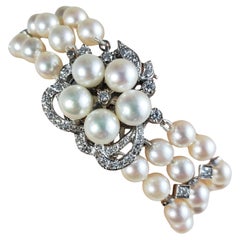 Vintage 14 Karat White Gold Pearl and Diamond Bracelet #16072