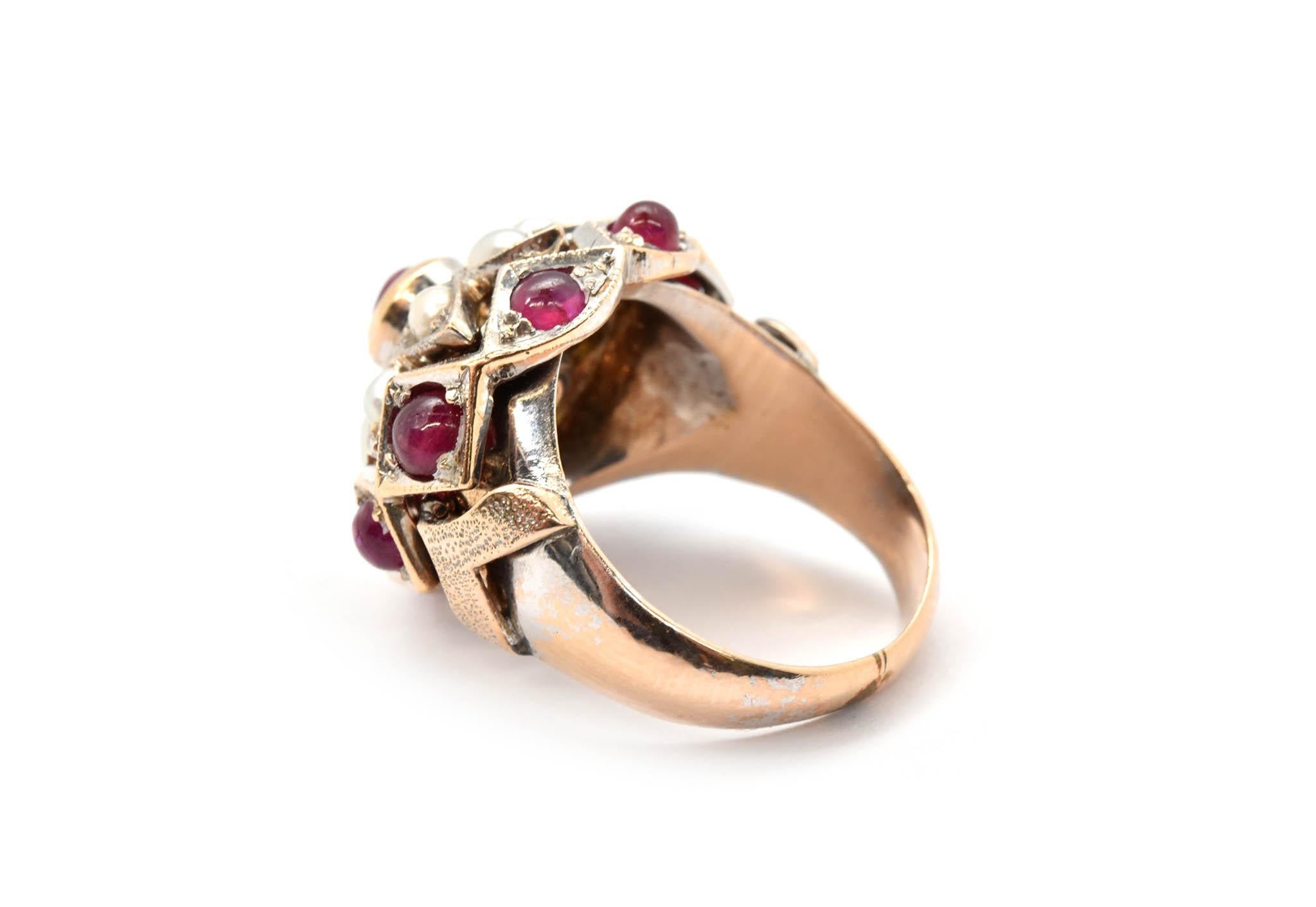 Vintage 14 Karat White Gold, Pearl and Ruby Fashion Ring In Good Condition In Scottsdale, AZ