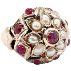 Vintage 14 Karat White Gold, Pearl and Ruby Fashion Ring