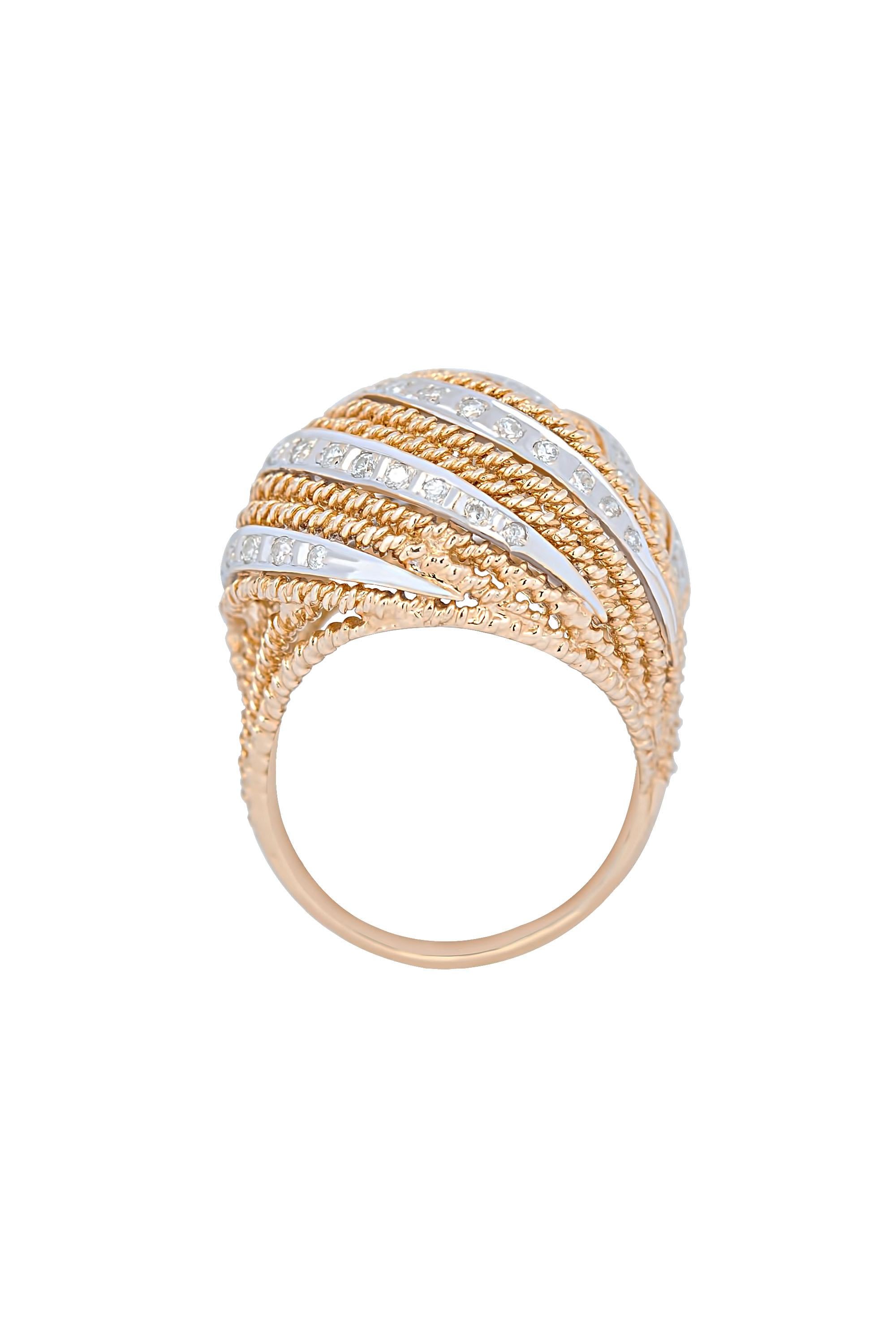 A refined classic, this vintage 14-karat yellow dome ring features a woven design of gold ropes alternating with curves of diamond-studded white gold. With an approximate total diamond weight of 1 carat. Currently a size 7 and may be resized.