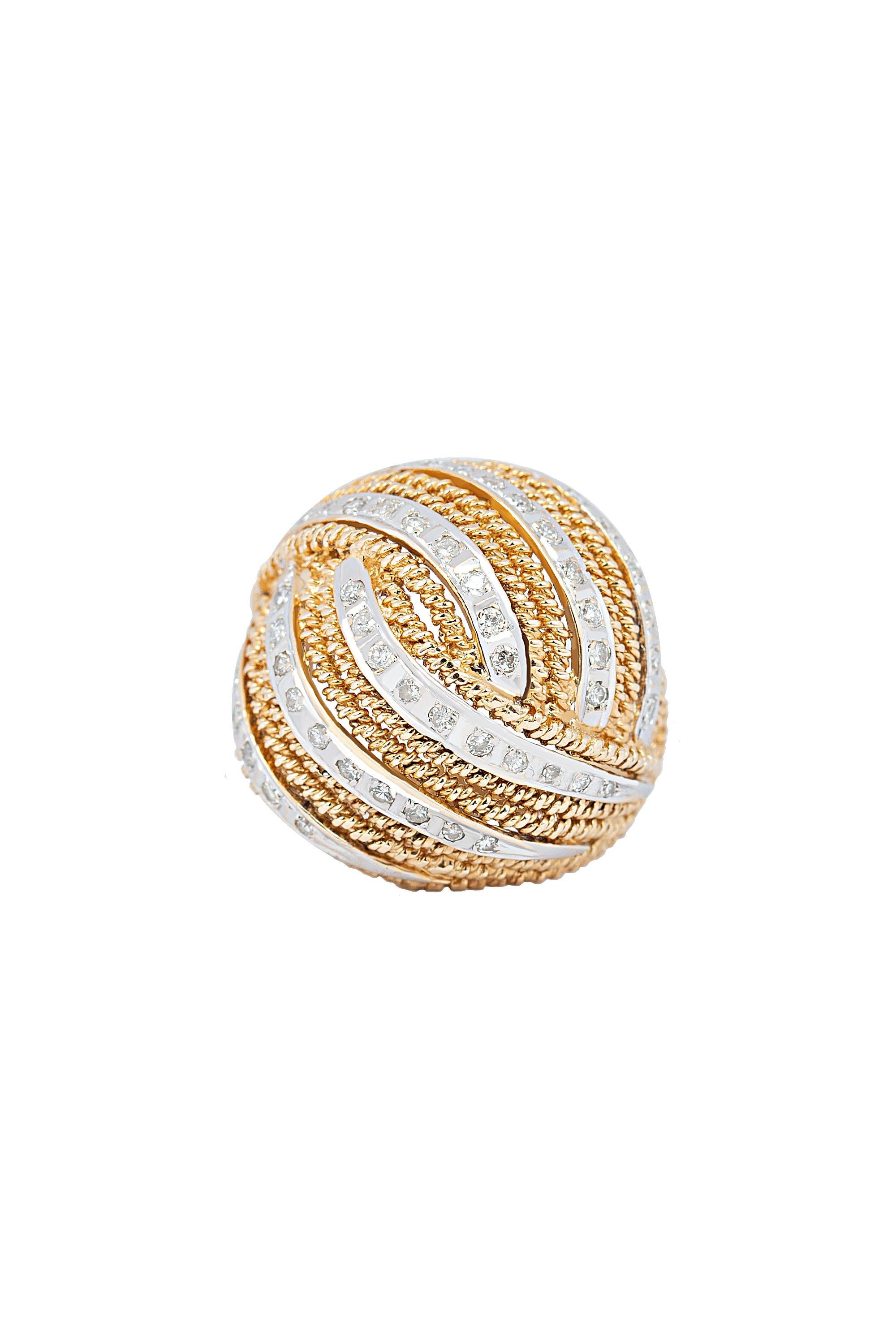 Vintage 14 Karat Yellow and White Gold Diamond Bombé Dome Rope Ring In Excellent Condition In beverly hills, CA