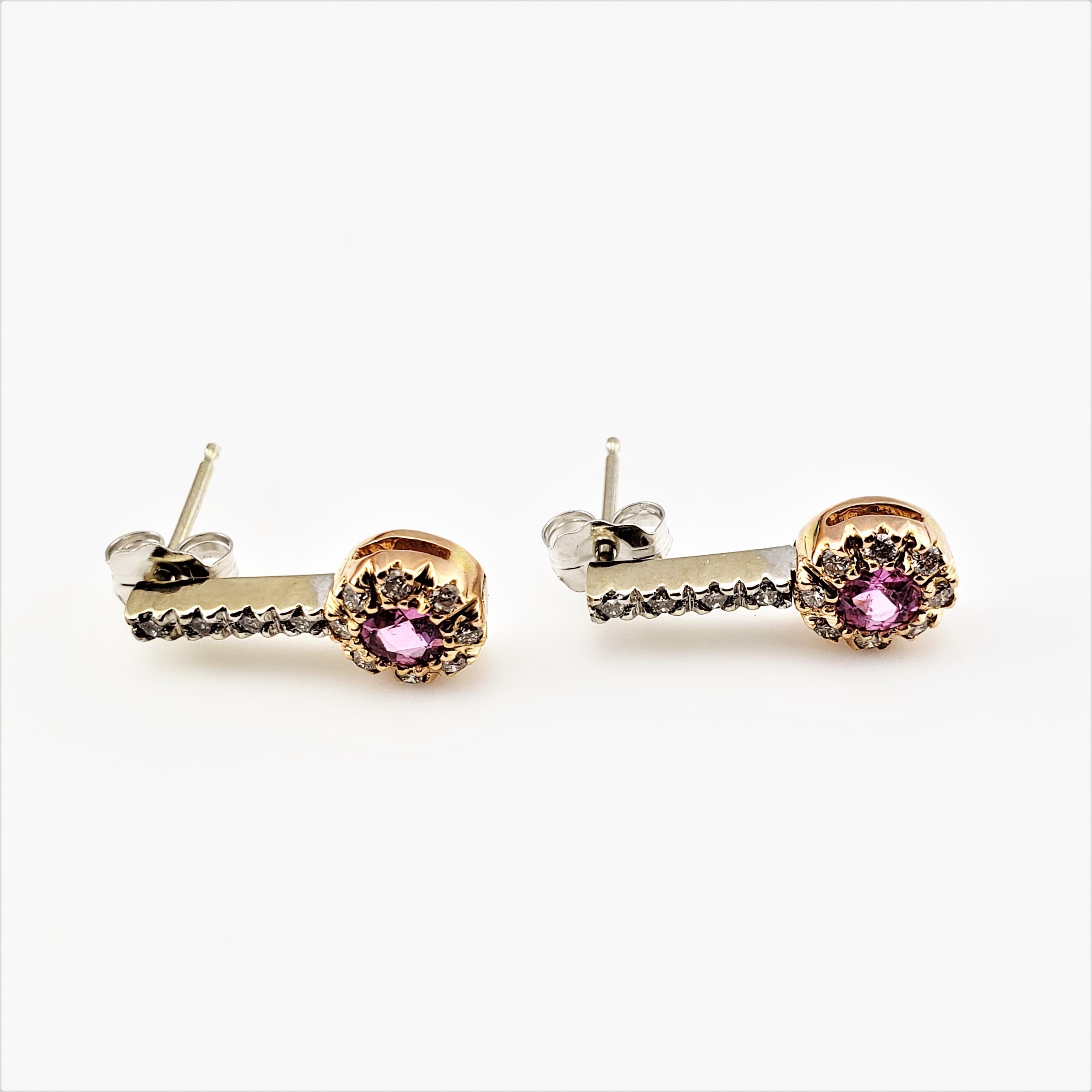 Round Cut 14 Karat Yellow and White Gold Pink Sapphire and Diamond Earrings For Sale