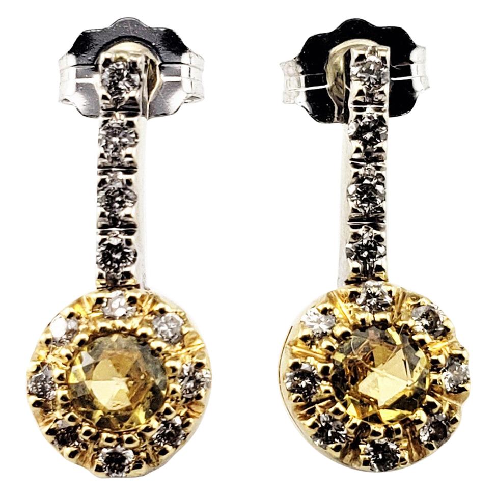 14 Karat Yellow and White Gold Natural Yellow Sapphire and Diamond Drop Earrings For Sale