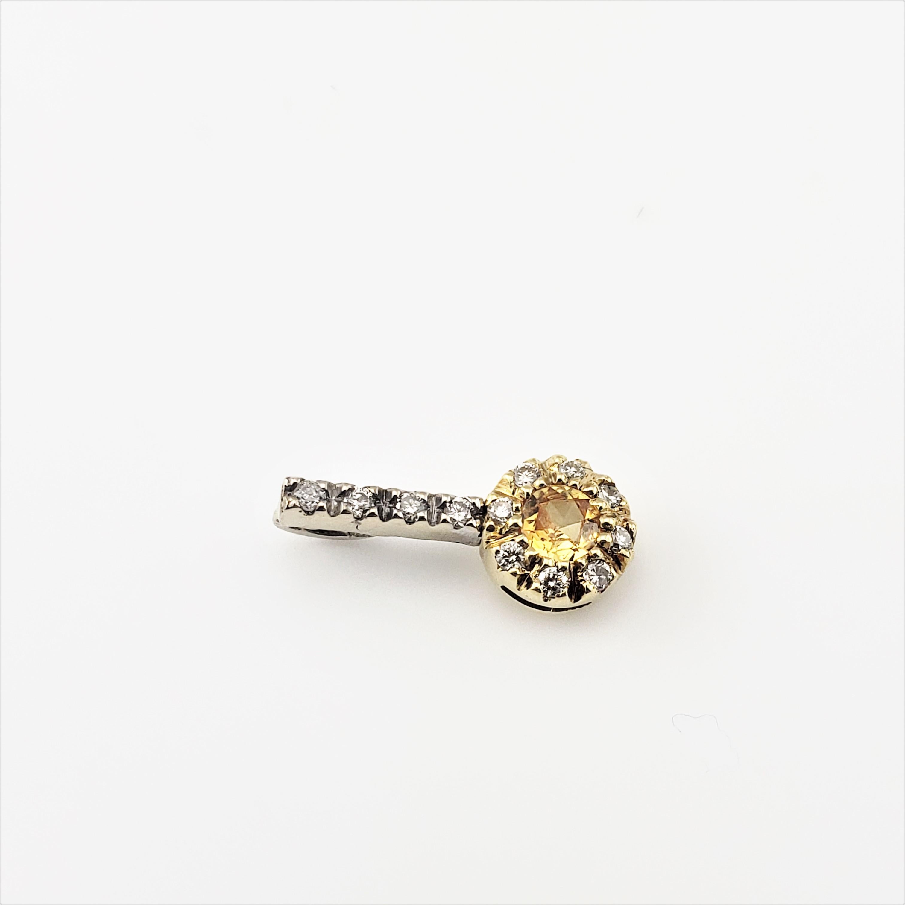 14 Karat Yellow and White Gold Yellow Sapphire and Diamond Pendant GAI Certified :

This lovely pendant features one round yellow sapphire (.35 ct.) and 12 round brilliant cut diamonds set in classic 14K yellow and white gold.

Matching earrings: 