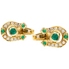 Vintage 14 Karat Yellow Emerald and Diamond Horseshoe Cufflinks