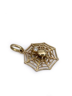 Vintage 14 Karat Yellow Gold 0.08 Carat Diamond Spider Web Lucky Charm Pendant