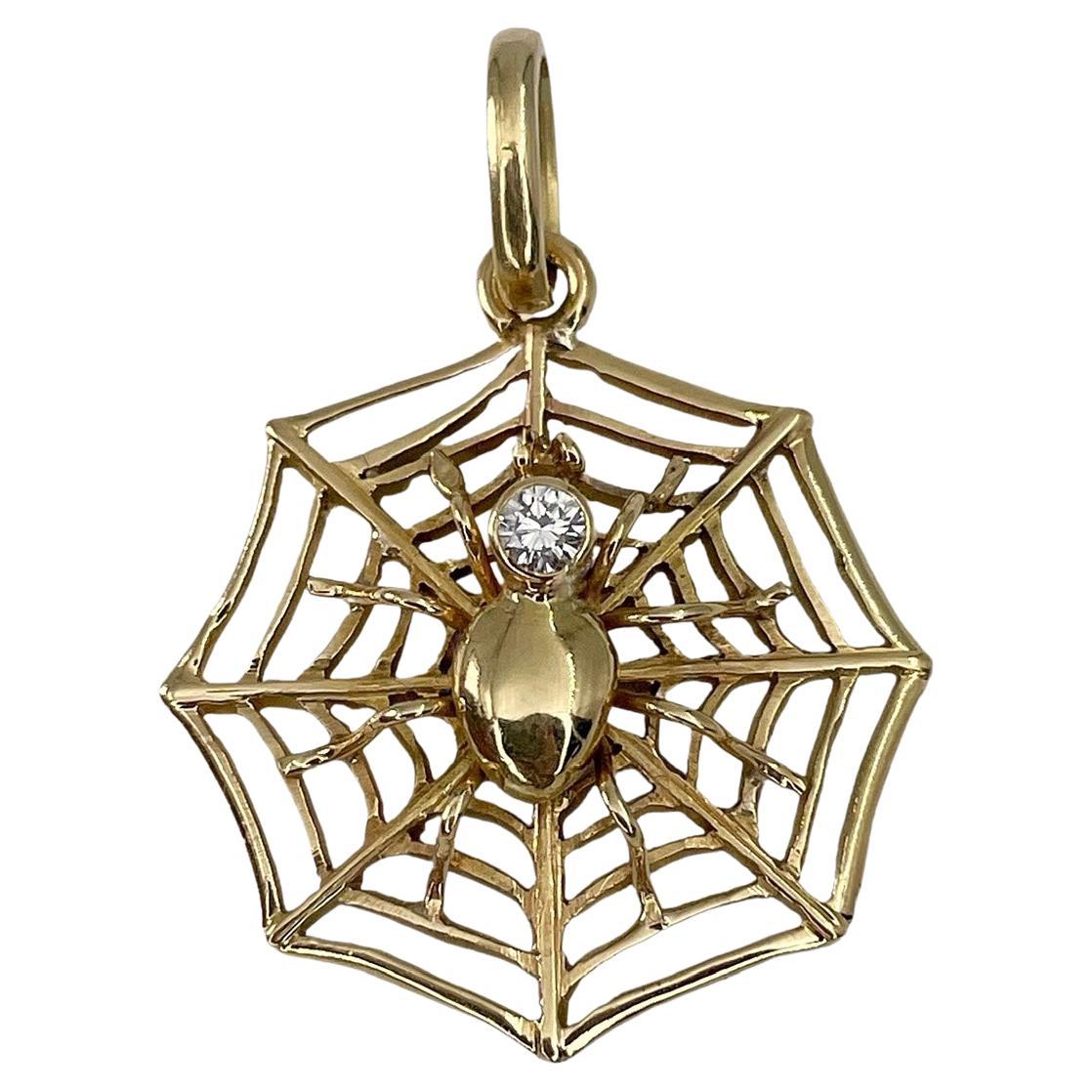 Vintage 14 Karat Yellow Gold 0.08 Carat Diamond Spider Web Lucky Charm Pendant