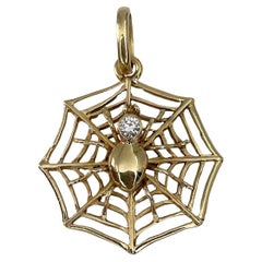 Retro 14 Karat Yellow Gold 0.08 Carat Diamond Spider Web Lucky Charm Pendant