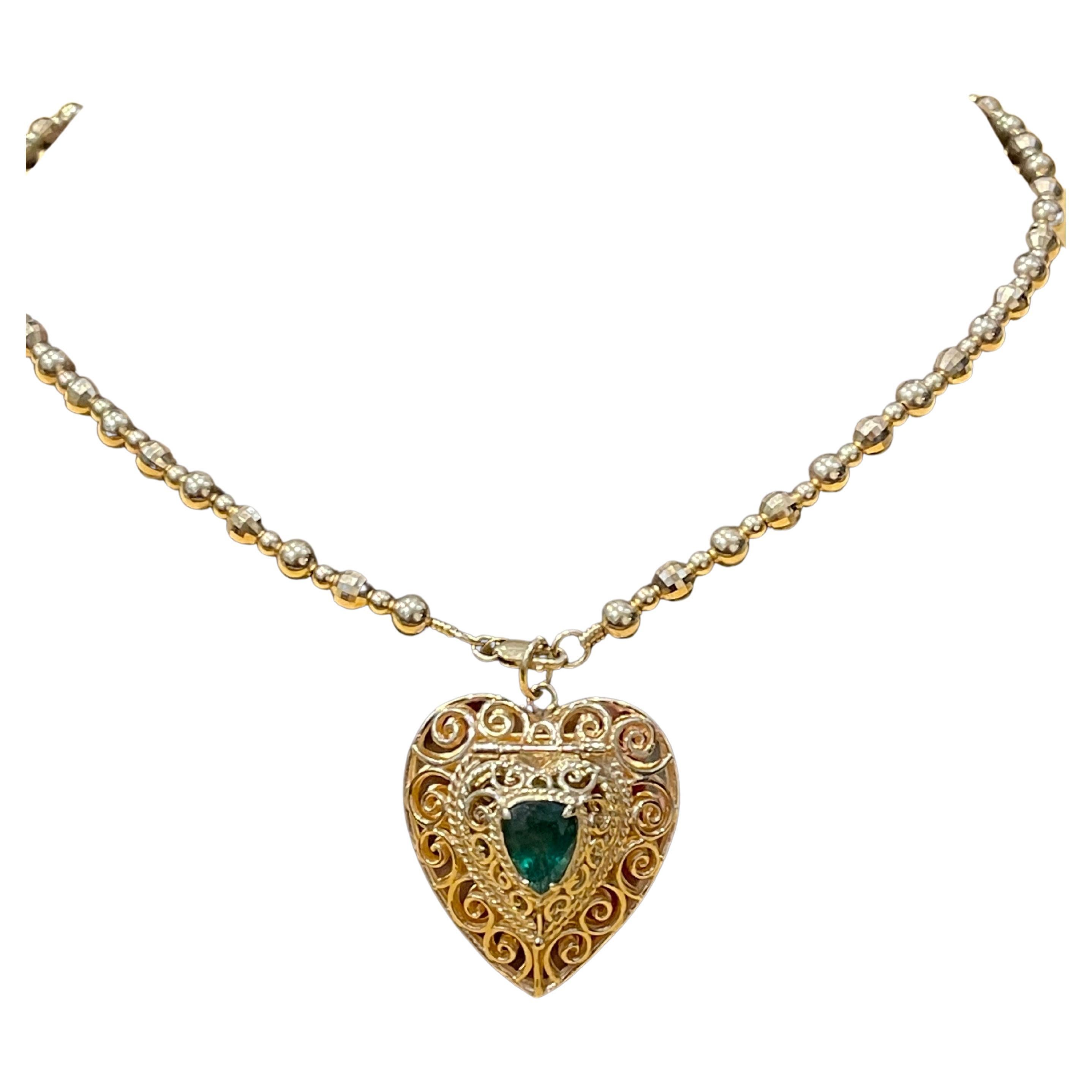 Vintage 14 Karat Yellow Gold  Heart Locket WITH Natural Emerald , NO CHAIN For Sale