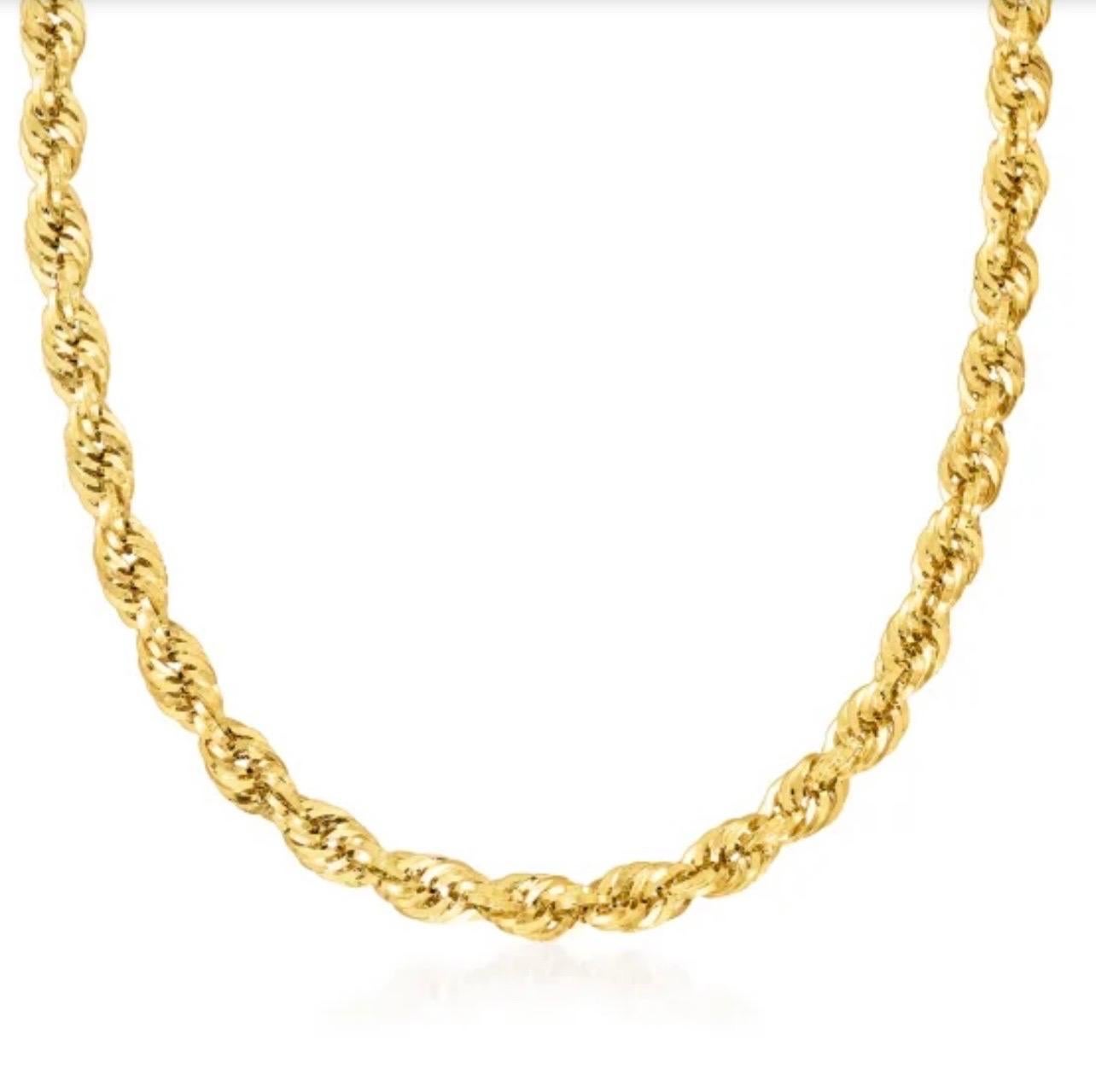 Ce collier vintage en chaîne de corde en or jaune 14 carats est un magnifique bijou. Le collier mesure 26 pouces de long et 3,6 mm de large, ce qui en fait une belle pièce d'apparat. Son poids de 20,5 grammes en fait une pièce substantielle qui