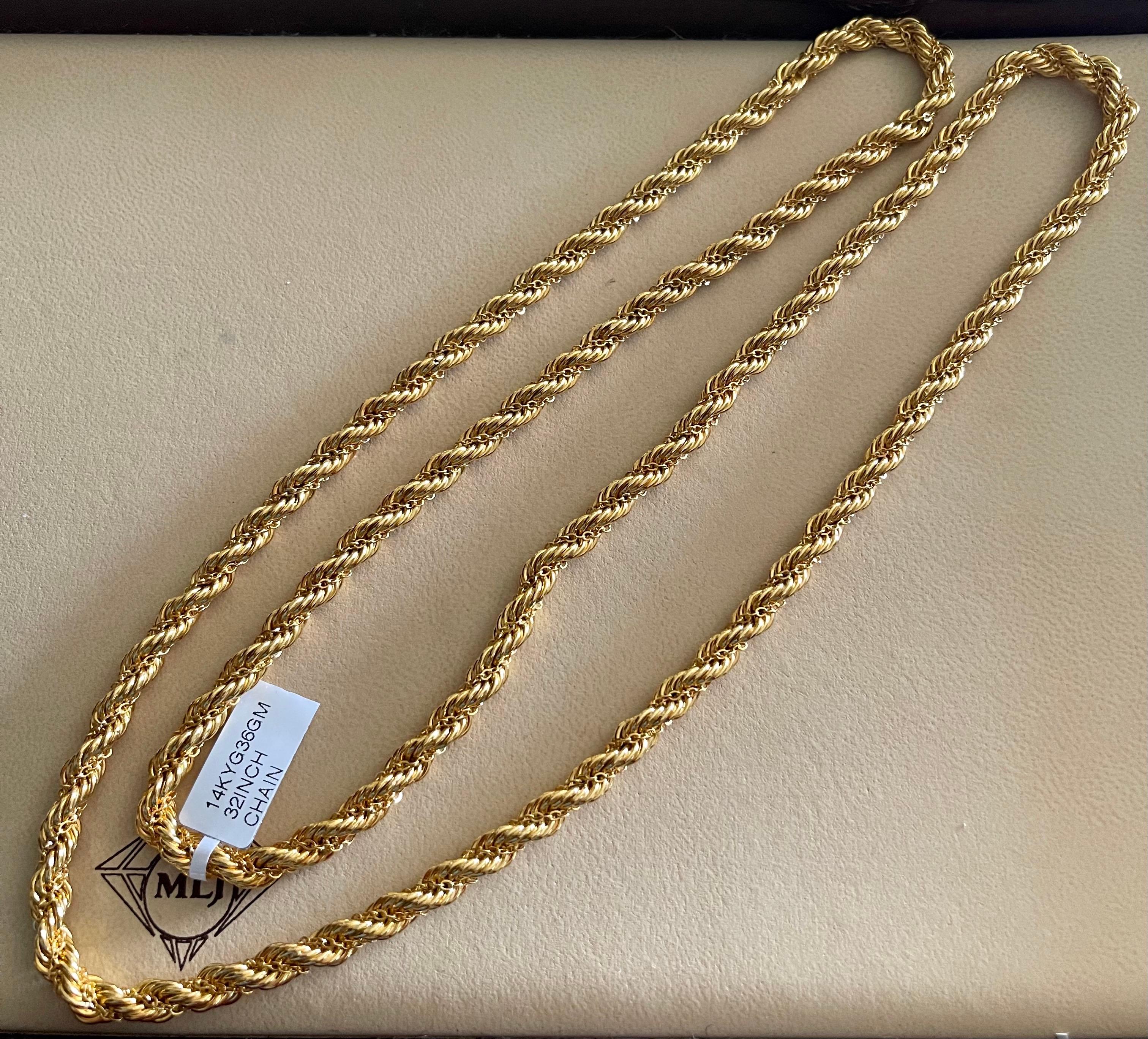 Vintage 14 karat Yellow Gold 36 Gm Rope Chain , 32 Inches long , Opera Length
5.5 MM wide
32 Inches long Necklace
Beautiful link design Necklace 
Weight of the Necklace is 36 Grams 

Please look at all the pictures
Its very hard to capture the true