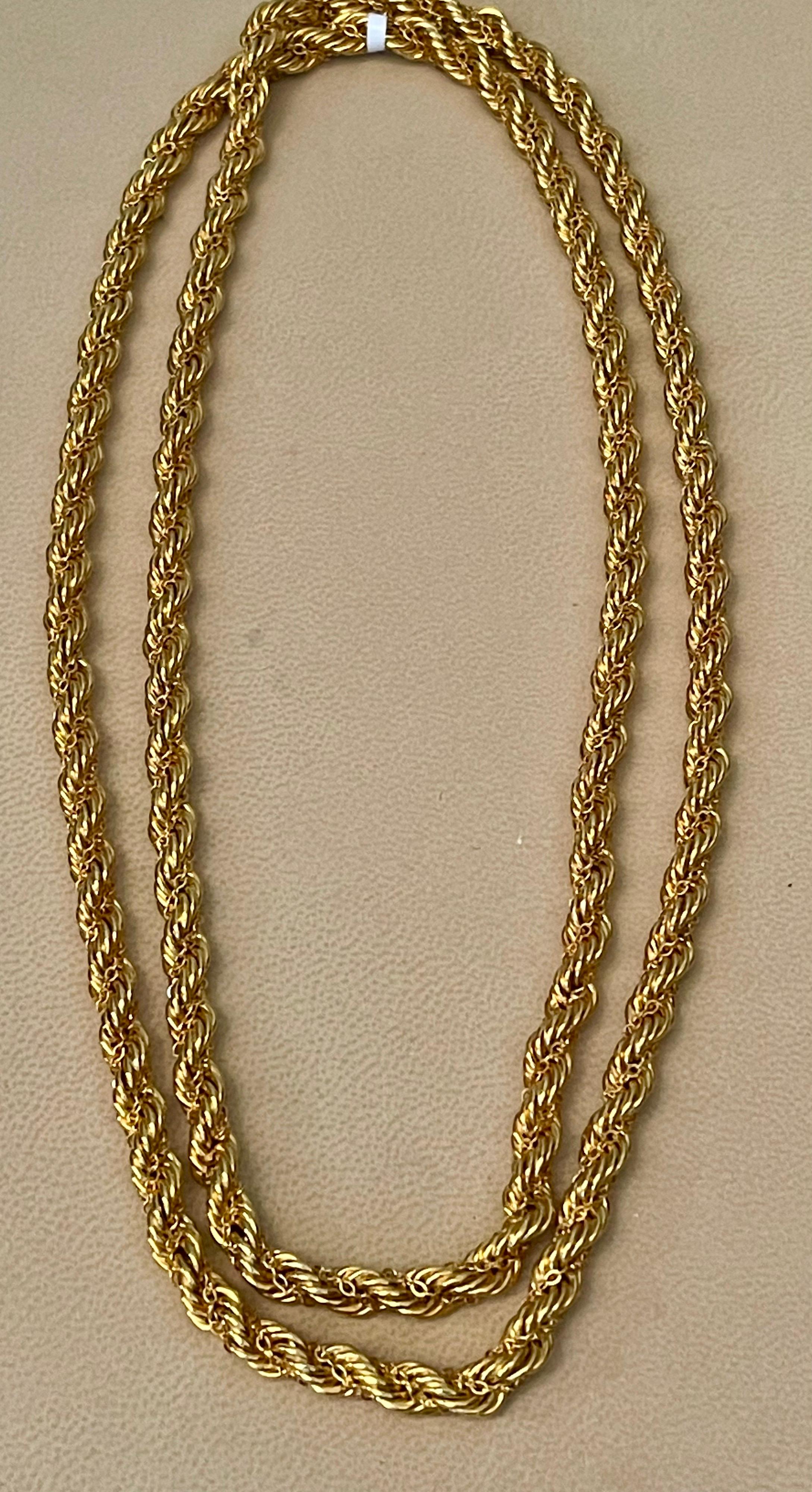 Chaîne longue vintage en or jaune 14 carats avec chaîne en corde de 36 g, longueur opéra Unisexe en vente