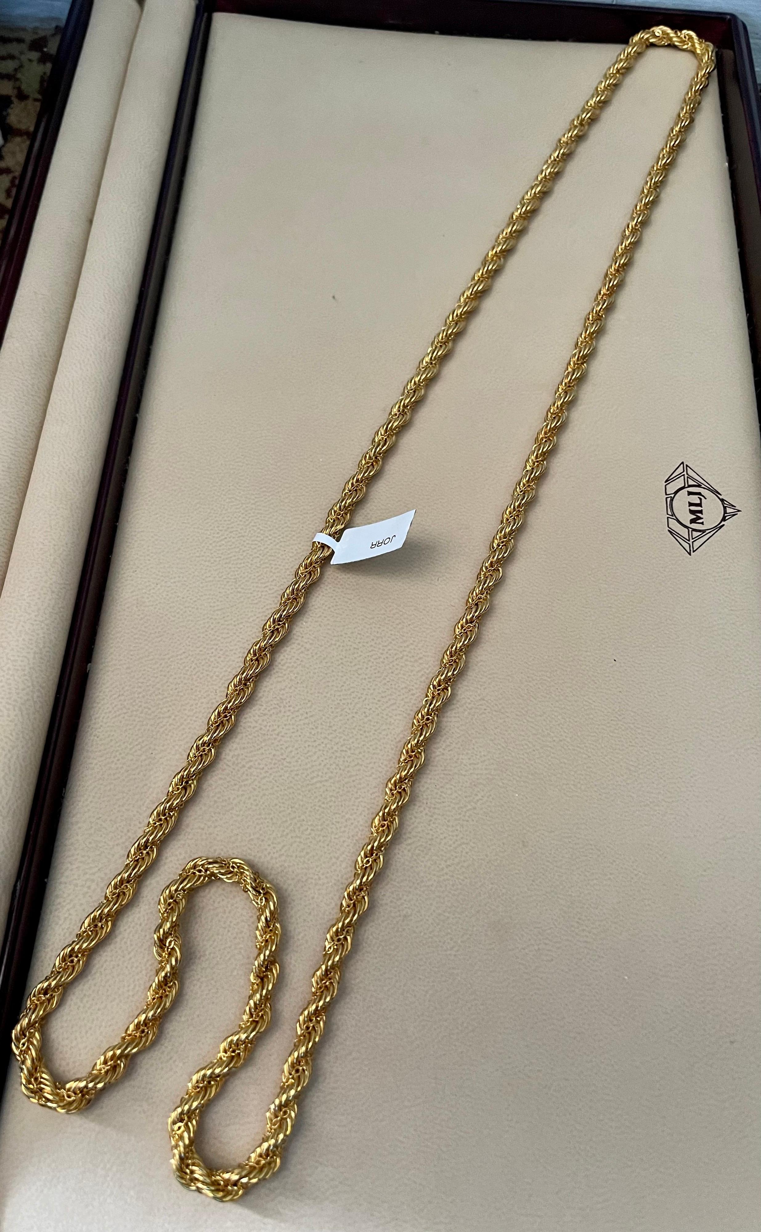 Vintage 14 Karat Yellow Gold 36 Gm Rope Chain, Long, Opera Length In Excellent Condition For Sale In New York, NY