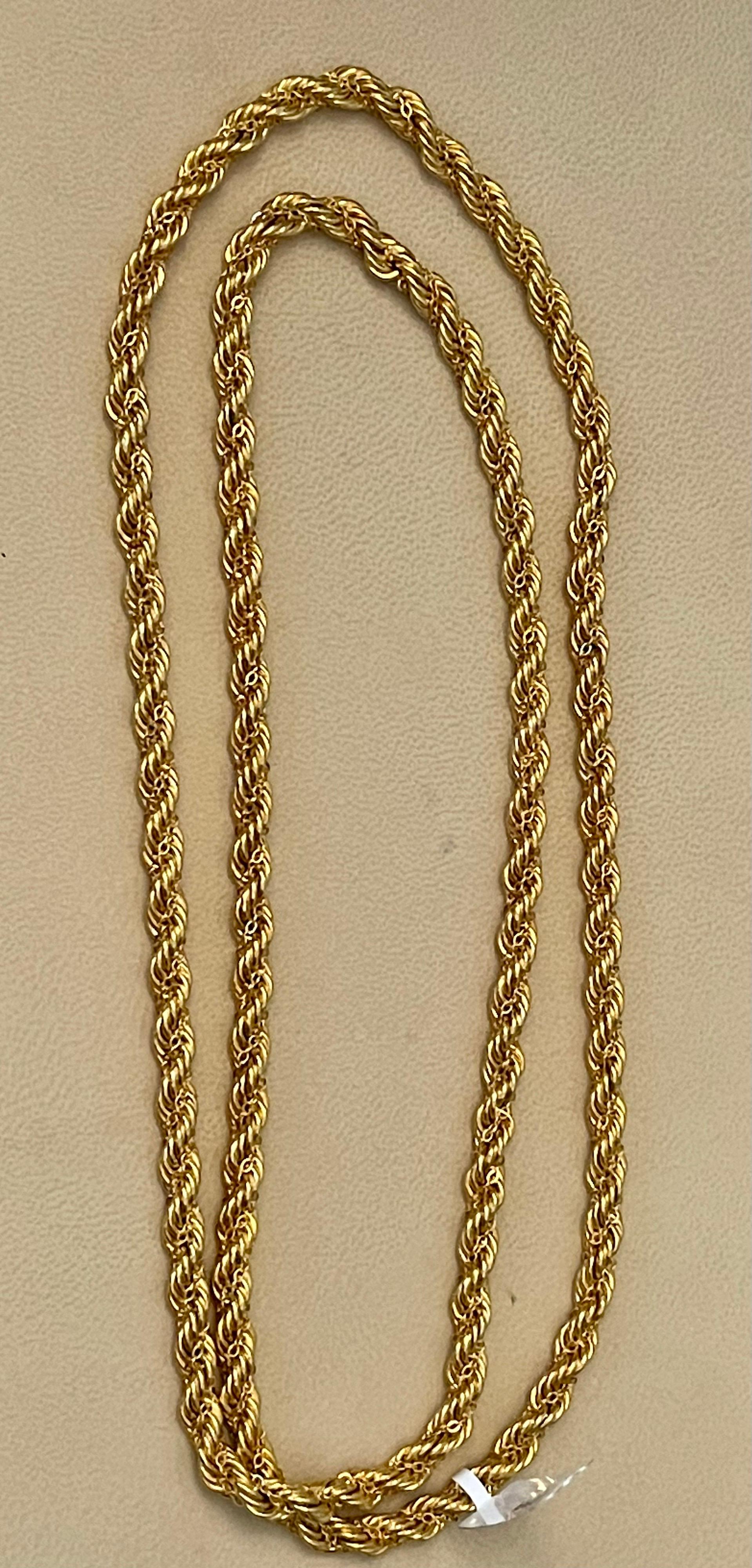 Women's or Men's Vintage 14 Karat Yellow Gold 36 Gm Rope Chain, Long, Opera Length For Sale
