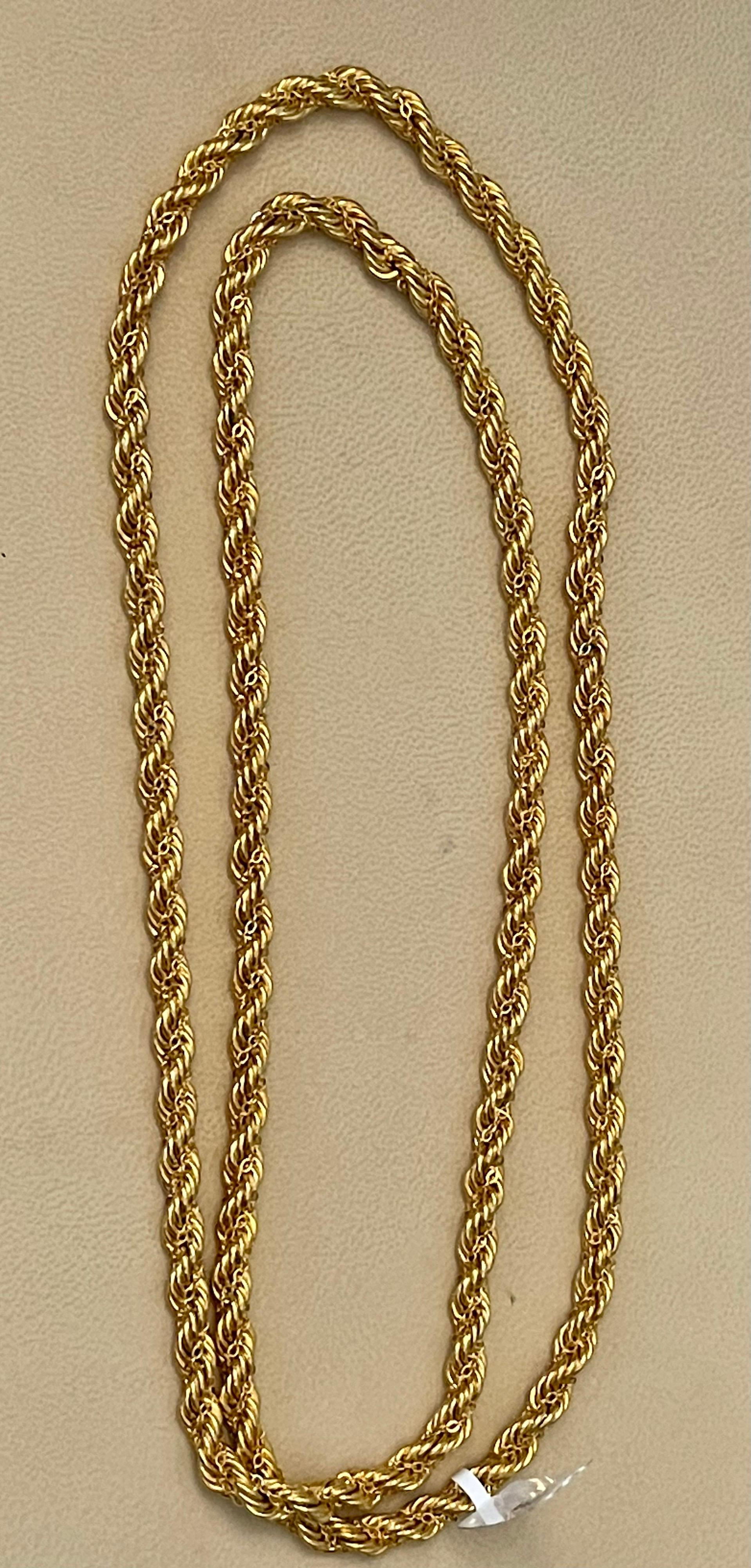 Women's or Men's Vintage 14 Karat Yellow Gold 36 Gm Rope Chain, Long, Opera Length