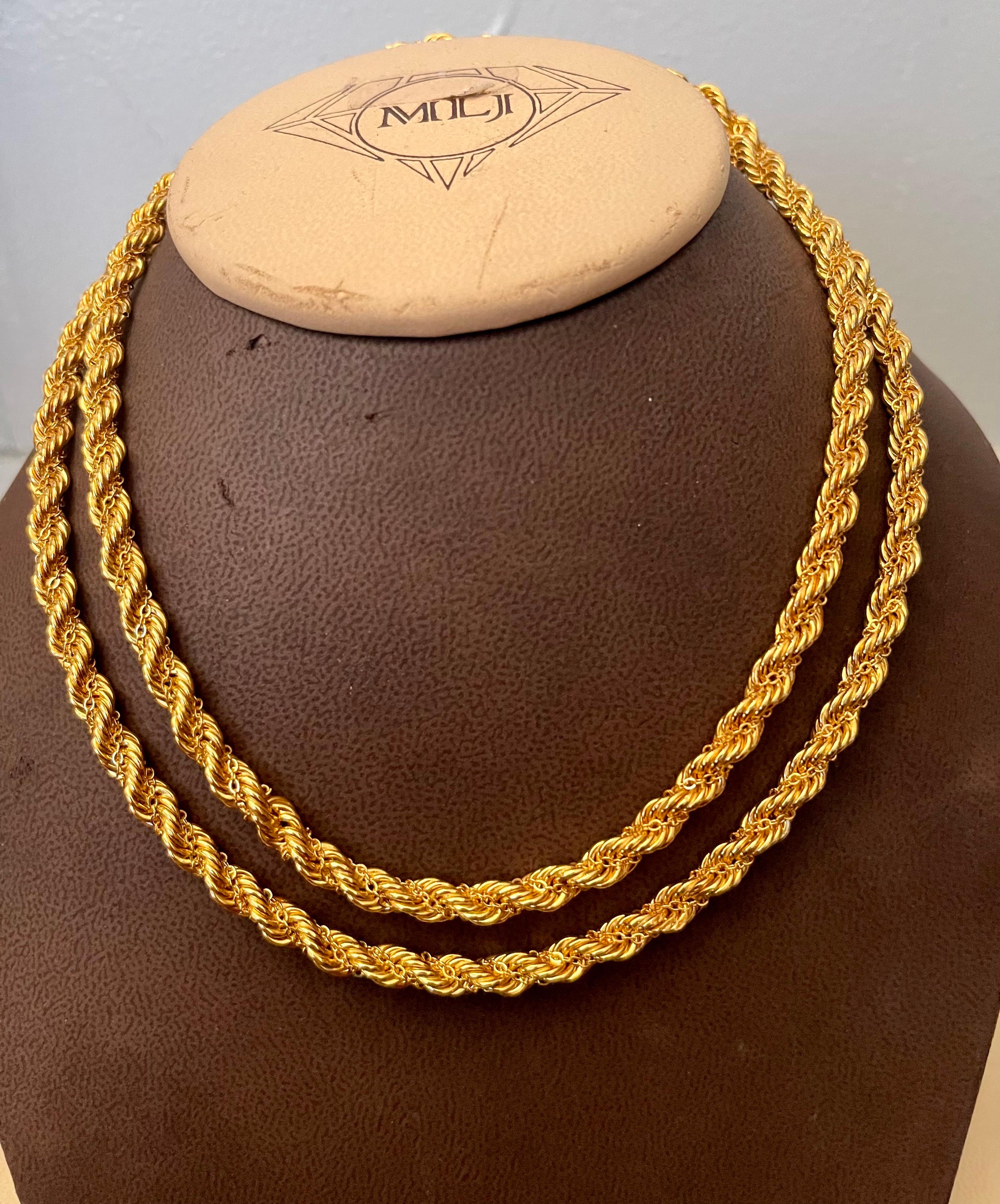 Vintage 14 Karat Yellow Gold 36 Gm Rope Chain, Long, Opera Length For Sale 1