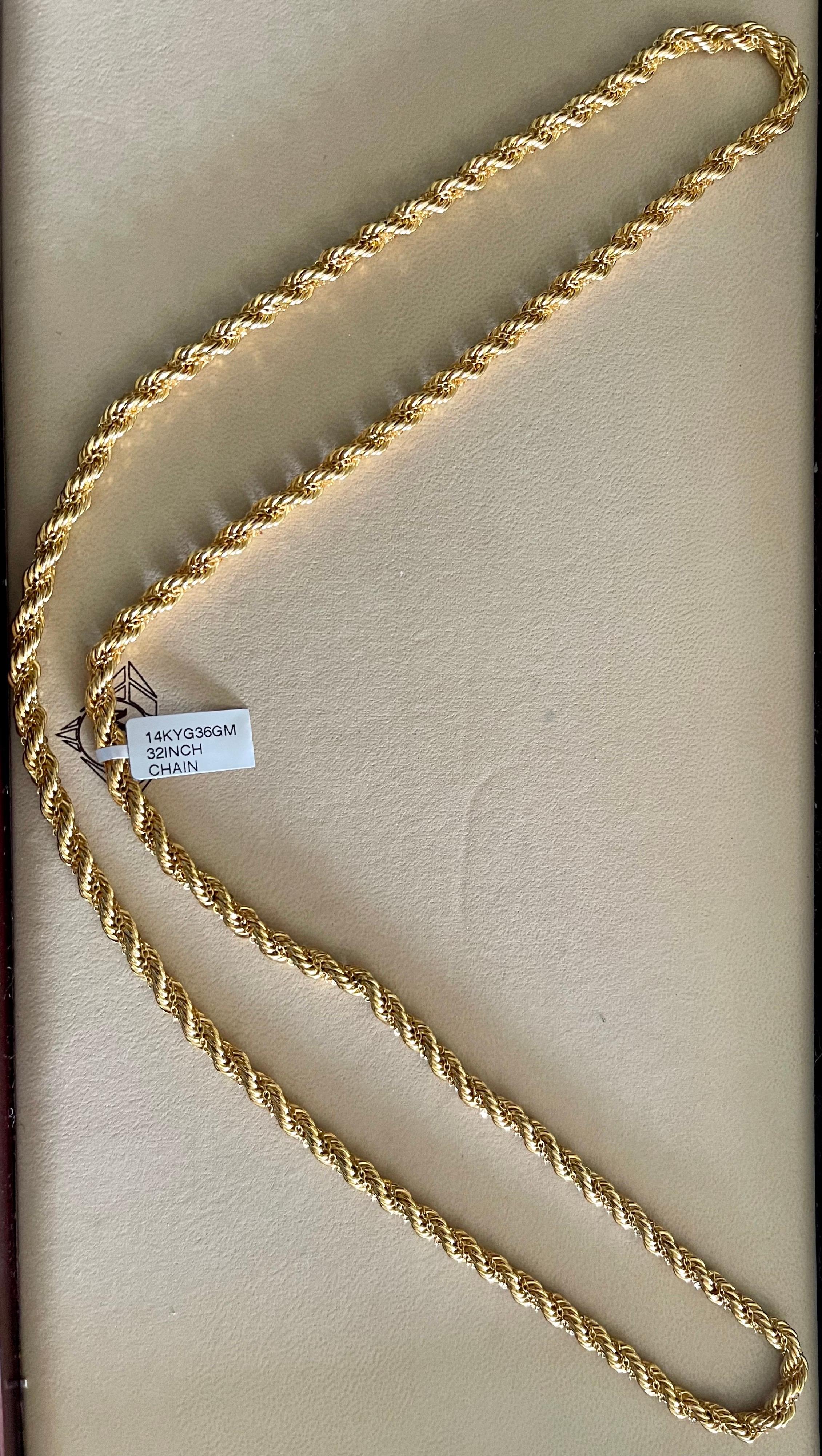 Vintage 14 Karat Yellow Gold 36 Gm Rope Chain, Long, Opera Length For Sale 2