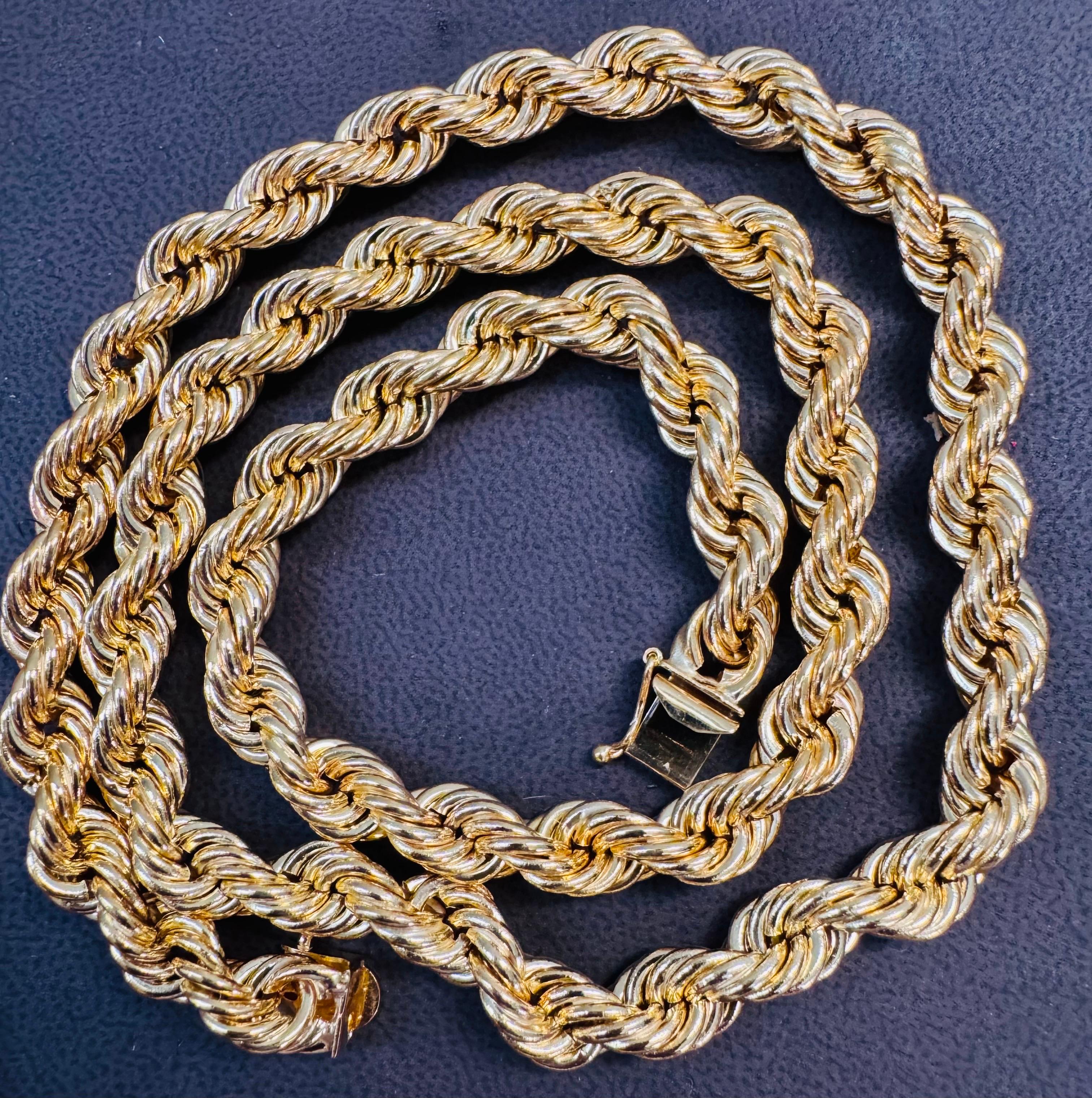 Femenino o masculino Collar Vintage de Oro Amarillo de 14 Kilates de 43,8 Gm, Cadena de Cuerda, 8,2 mm, 24 