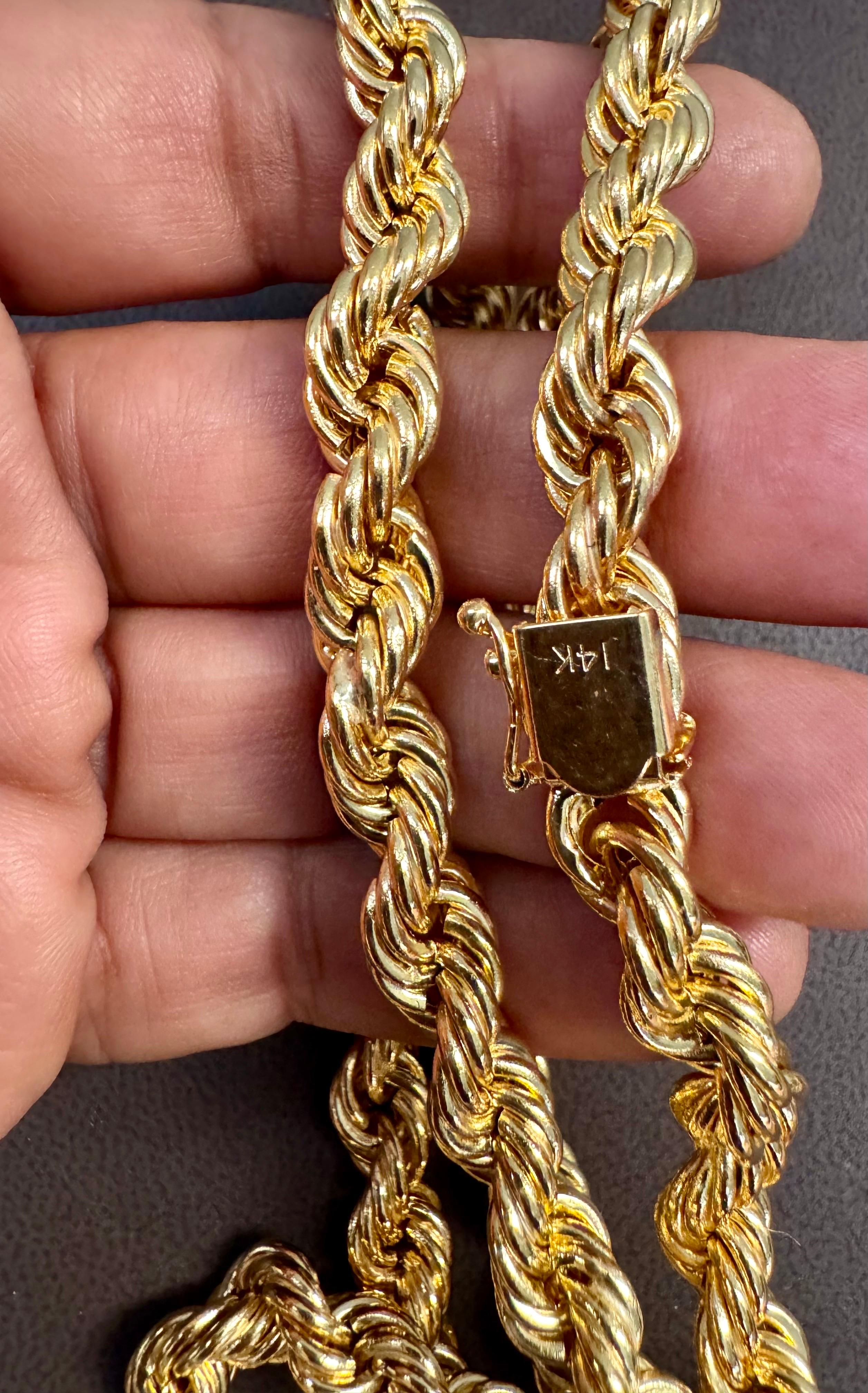 Collar Vintage de Oro Amarillo de 14 Kilates de 43,8 Gm, Cadena de Cuerda, 8,2 mm, 24 
