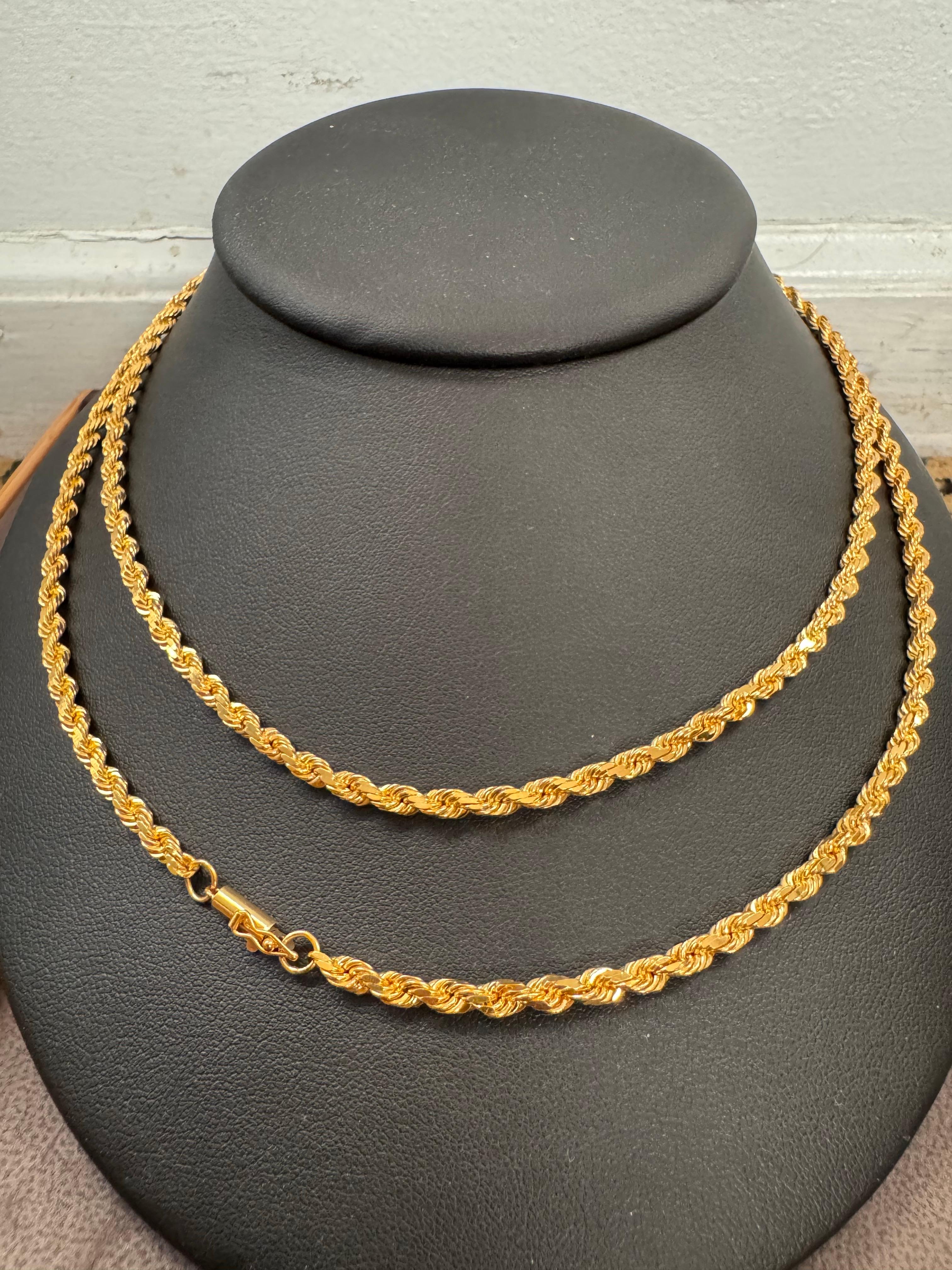 Collar Vintage de Oro Amarillo de 14 Kilates de 49,2 Gm, Cadena de Cuerda, 3,3 mm, 36 