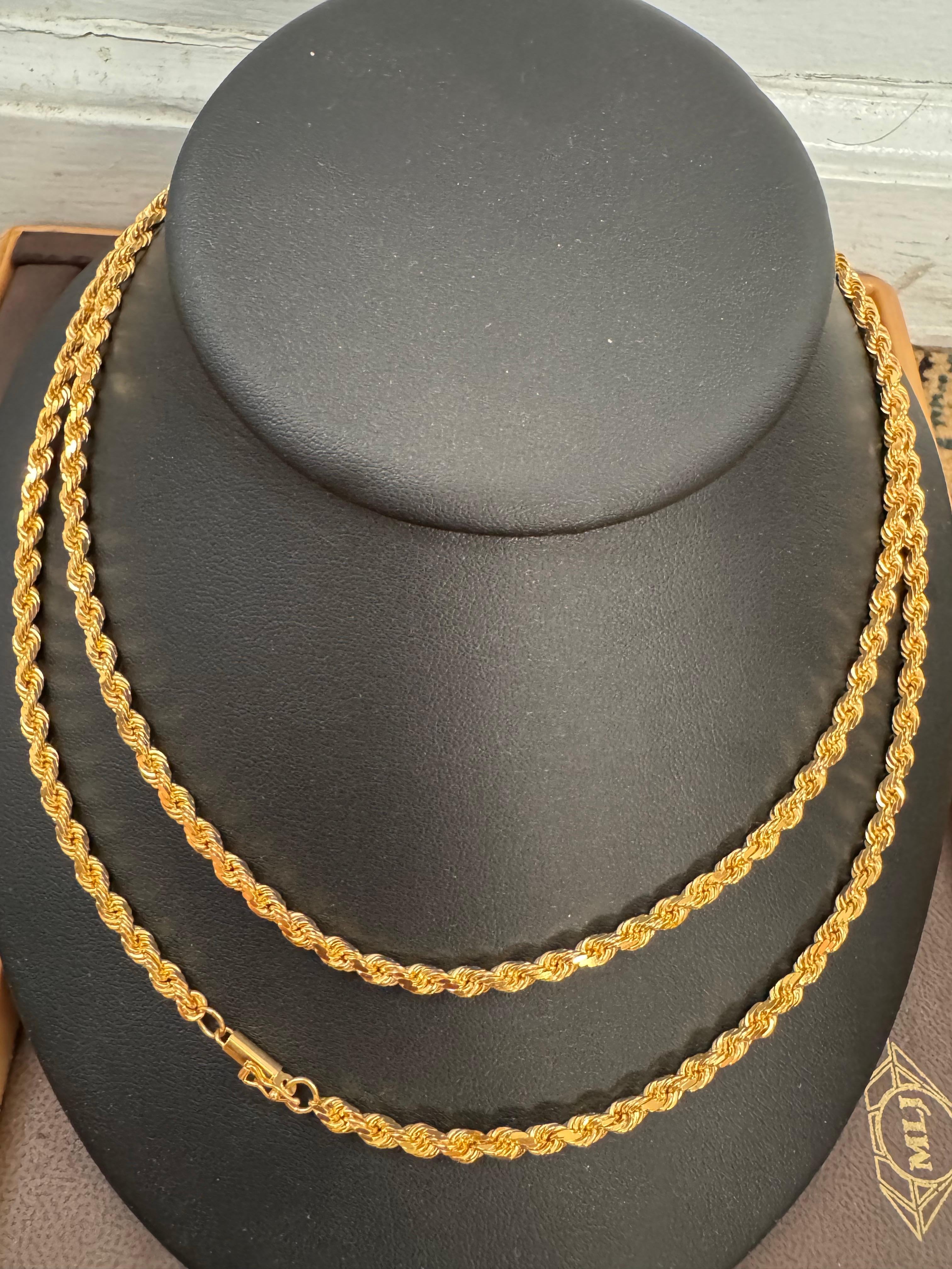Collar Vintage de Oro Amarillo de 14 Kilates de 49,2 Gm, Cadena de Cuerda, 3,3 mm, 36 