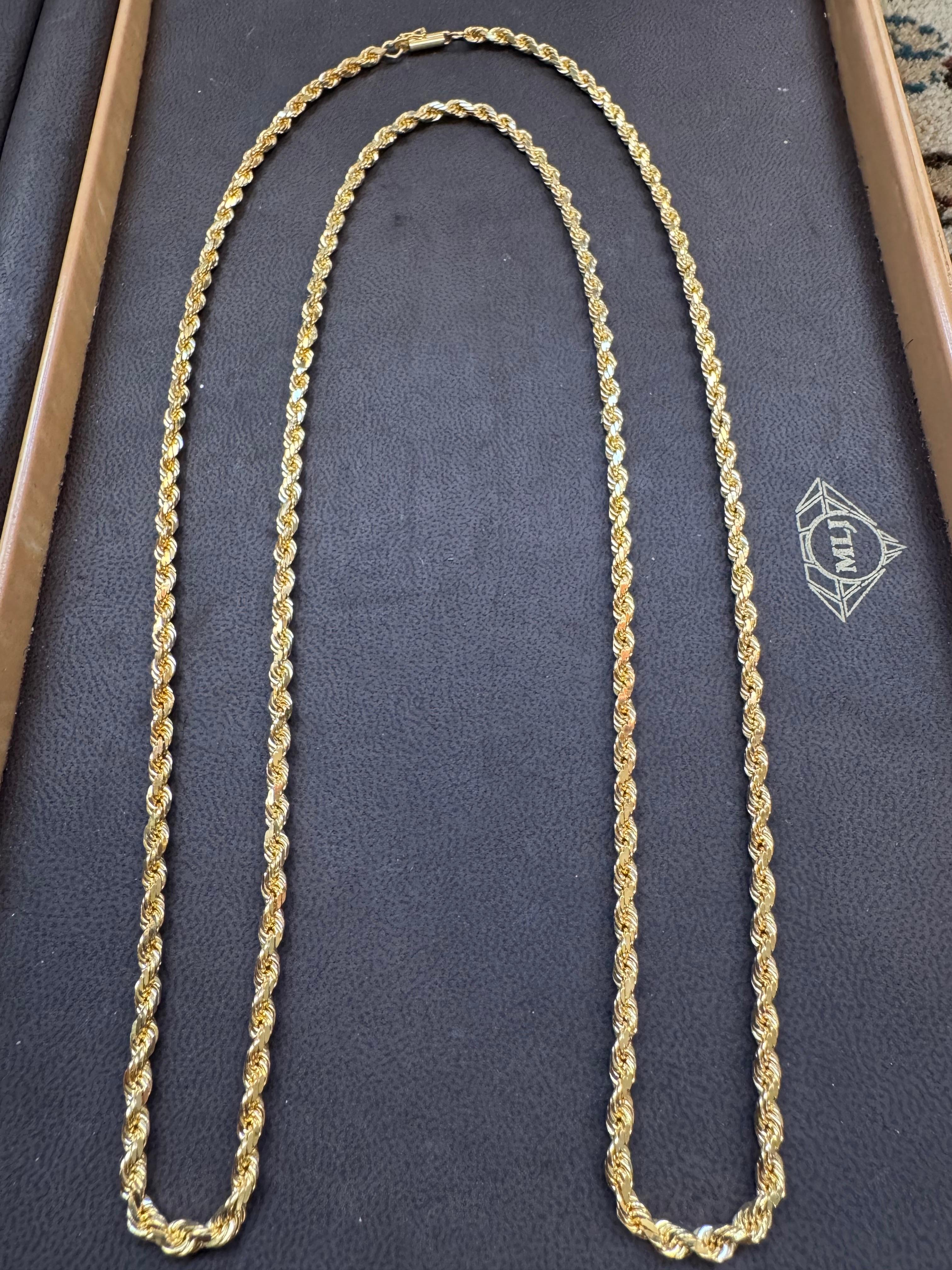 Collar Vintage de Oro Amarillo de 14 Kilates de 49,2 Gm, Cadena de Cuerda, 3,3 mm, 36 