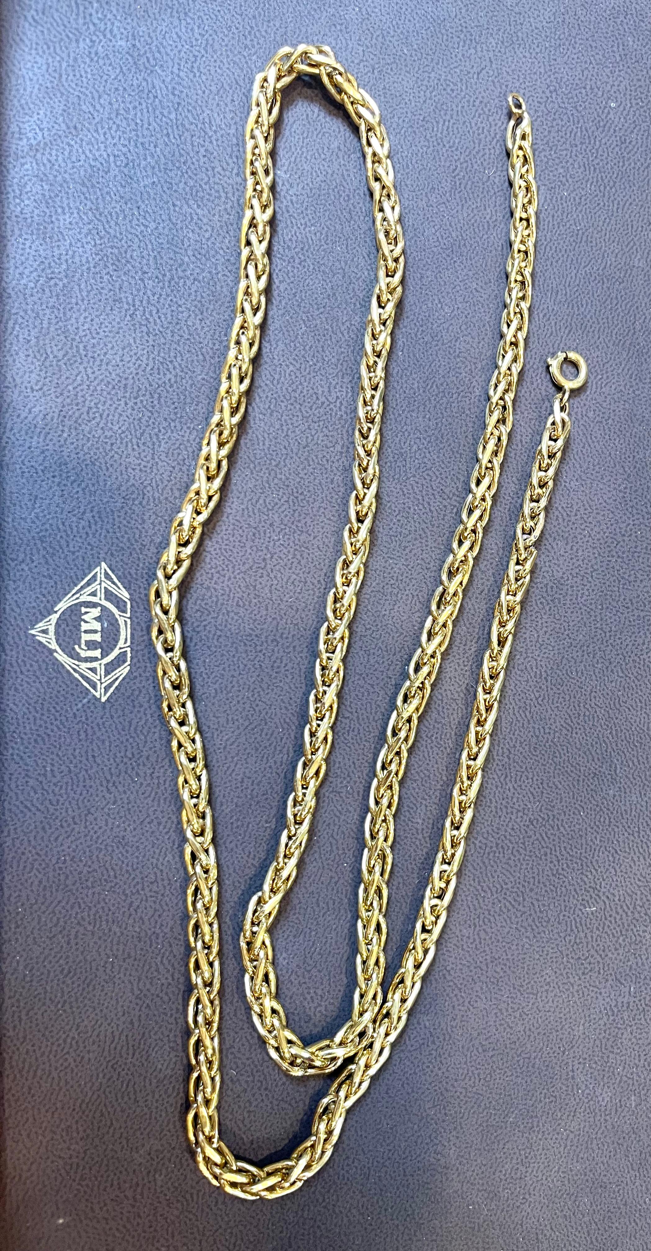 Women's or Men's Vintage 14 Karat Yellow Gold 70 Gm, Wheat Chain Necklace Opera