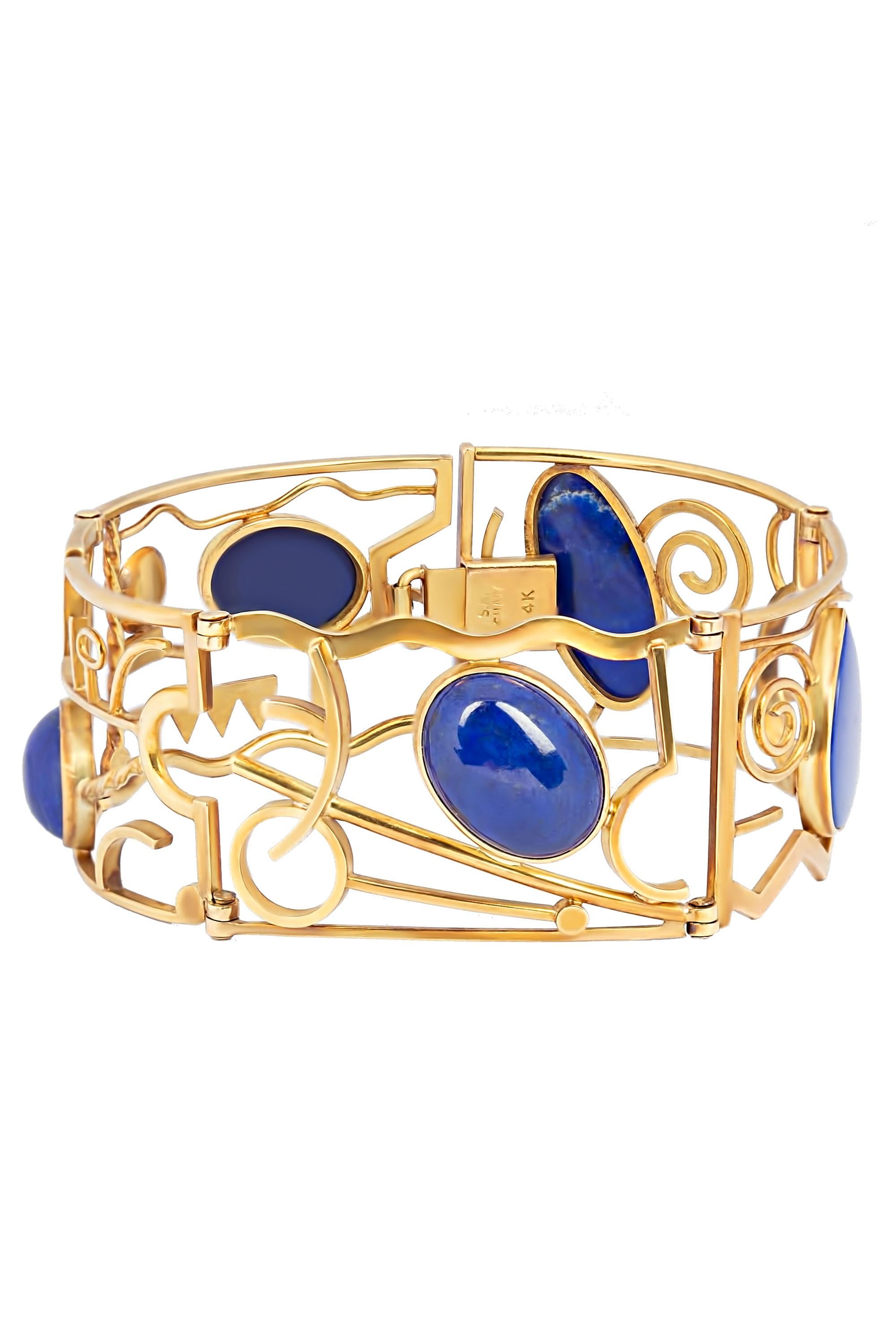 Modern Vintage 14 Karat Yellow Gold Abstract Lapis Lazuli Bracelet by S.A Shaw For Sale