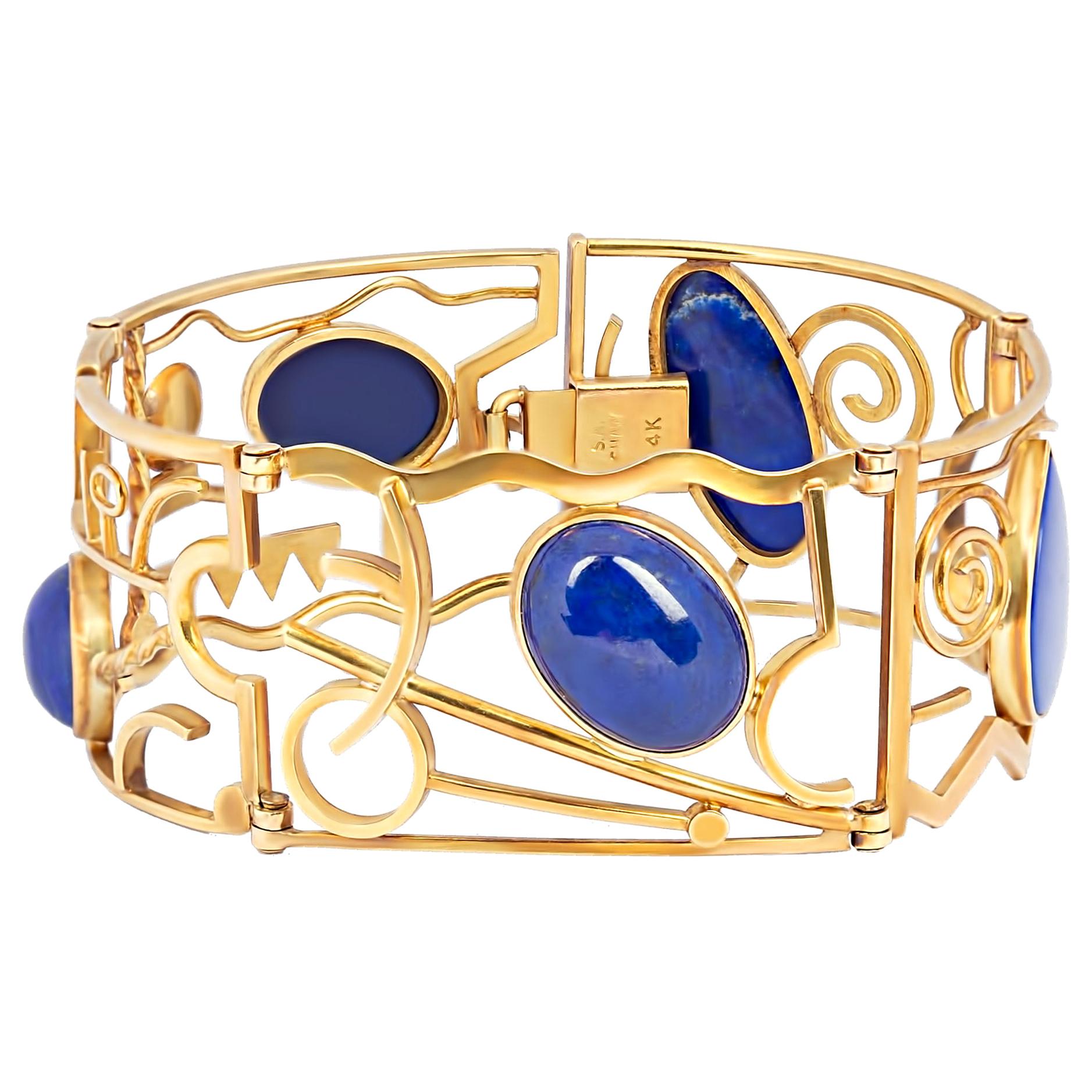 Bracelet vintage en or jaune 14 carats avec lapis-lazuli abstrait par S.A Shaw