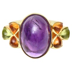 Vintage 14 Karat Yellow Gold, Amethyst, Citrine and Peridot Cocktail Ring 1980's