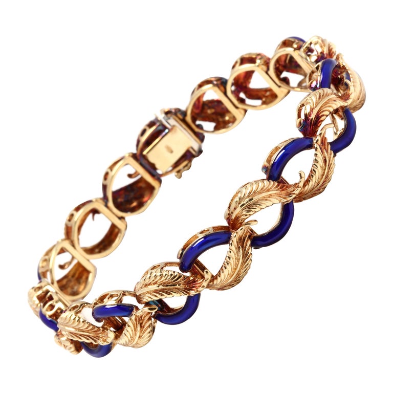 Vintage 14 Karat Yellow Gold and Blue Enamel Leaf Link Bracelet For