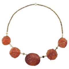 Vintage 14 Karat Yellow Gold and Carved Carnelian Necklace #15336