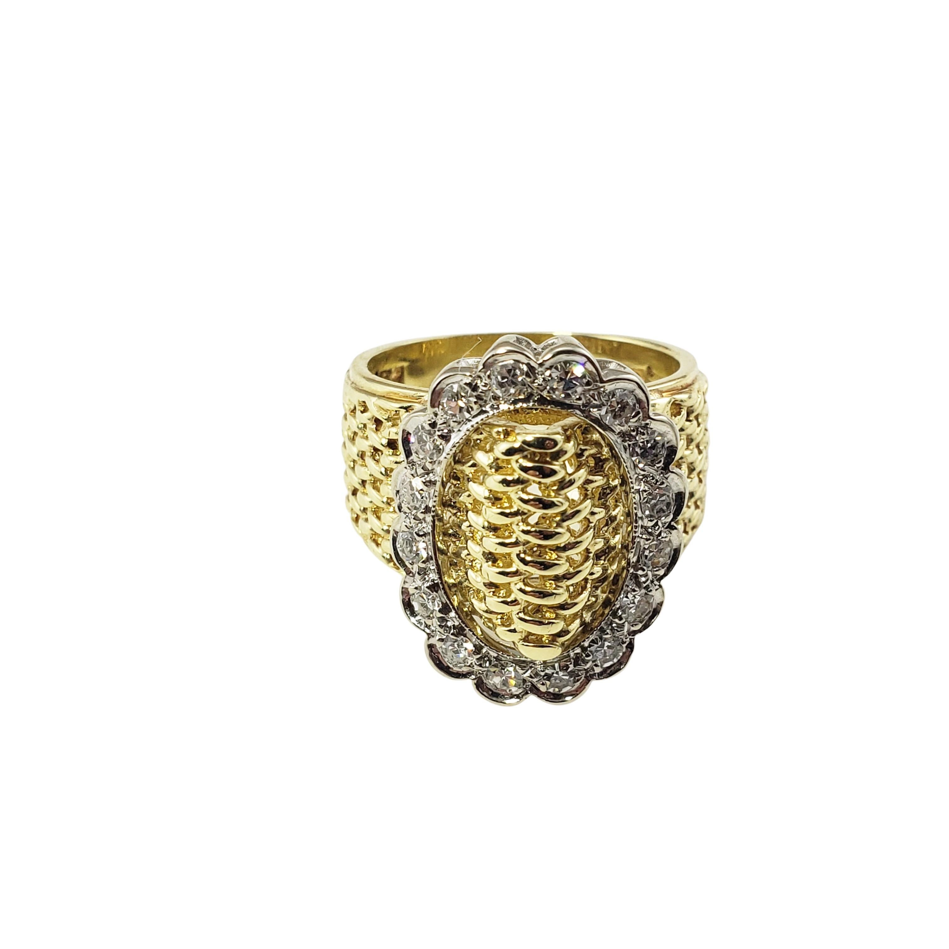 14 Karat Yellow Gold and Diamond Ring Size 6.25-

This stunning ring features 16 round single cut diamonds set in classic 14K yellow gold.  Width:  19 mm.  Shank:  6 mm.

Approximate total diamond weight:  1 ct.

Diamond color: H-I

Diamond clarity: