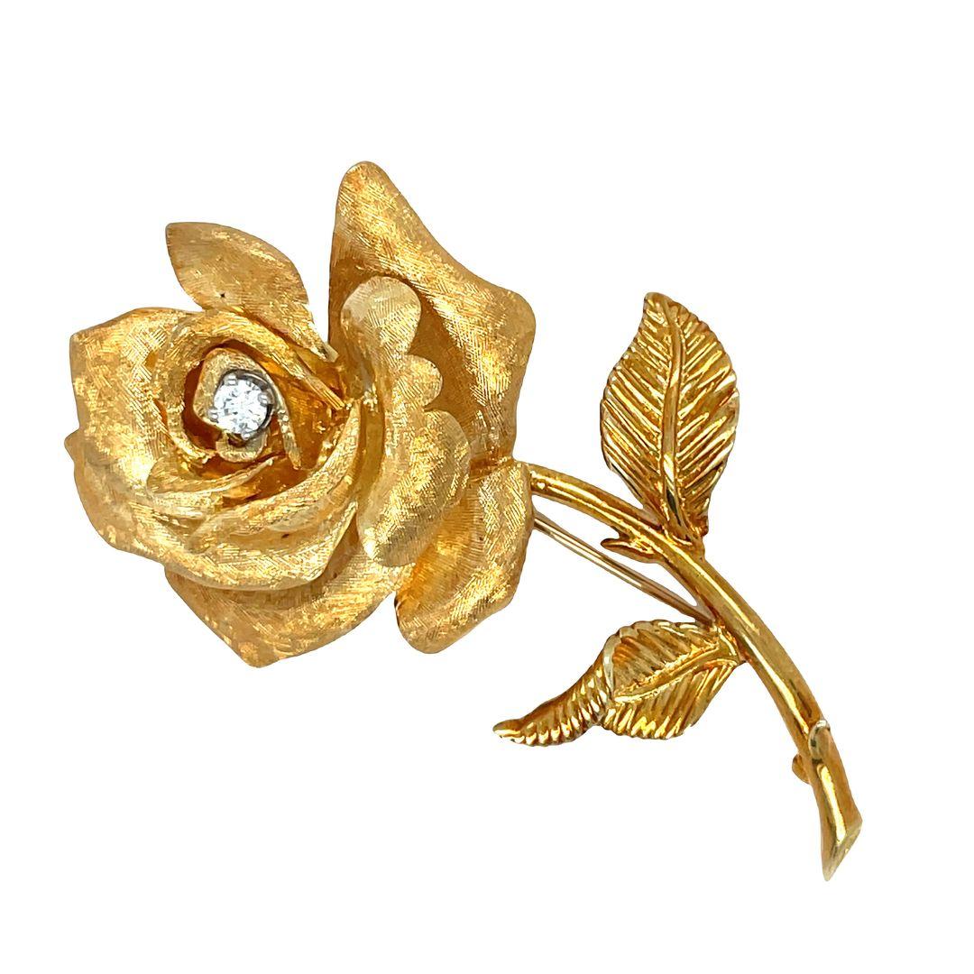 Round Cut Vintage 14 Karat Yellow Gold and Diamond Rose Brooch by David E. Trabich For Sale
