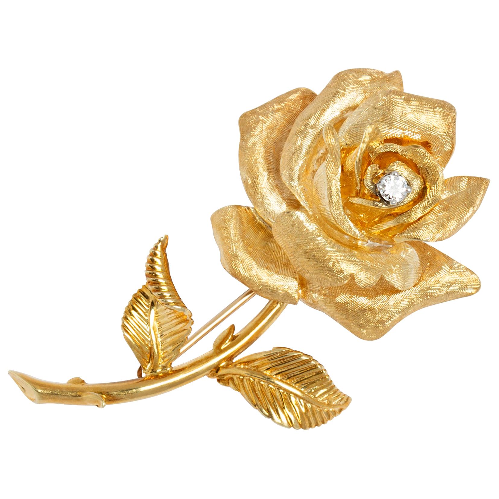 Vintage 14 Karat Yellow Gold and Diamond Rose Brooch by David E. Trabich For Sale