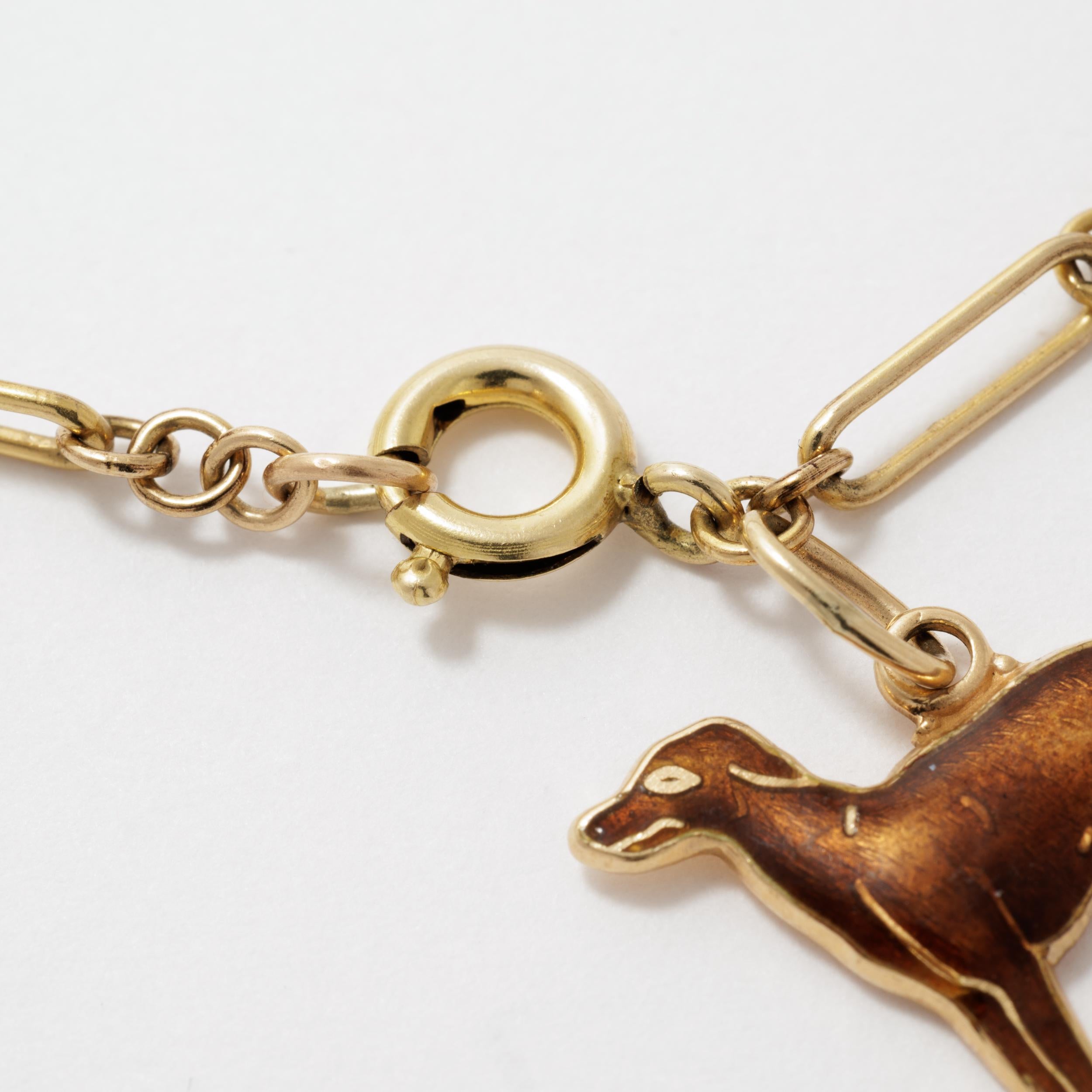 Vintage 14 Karat Yellow Gold and Enamel Dog Motif Charm Bracelet For Sale 6