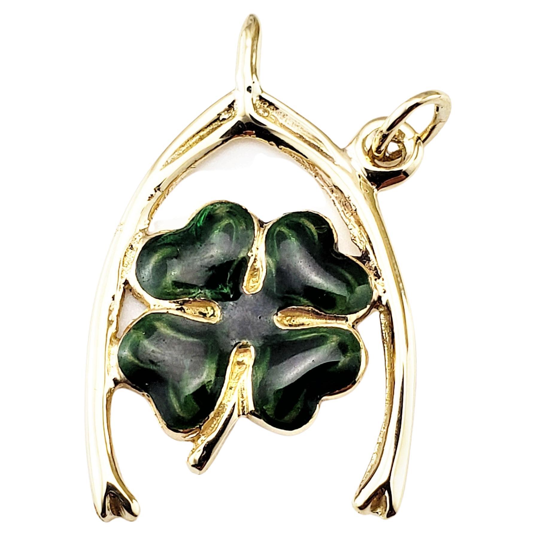 Vintage 14 Karat Yellow Gold and Enamel Shamrock Wishbone Pendant