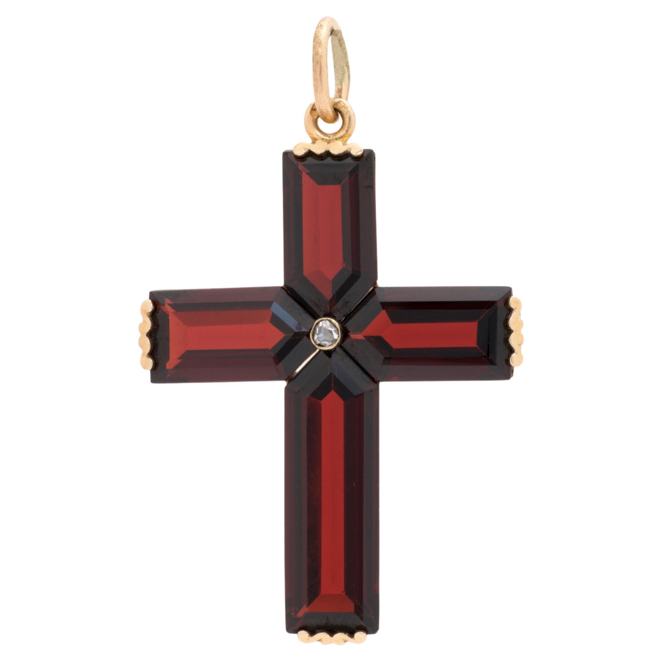 Vintage 14 Karat Yellow Gold and Garnet and Rose Cut Diamond Cross  For Sale