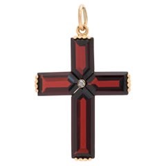 Retro 14 Karat Yellow Gold and Garnet and Rose Cut Diamond Cross 