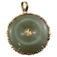 Antique 14 Karat Yellow Gold and Jade Chinese Good Luck Pendant