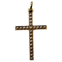 Vintage 14 Karat Yellow Gold and Pearl Cross Pendant