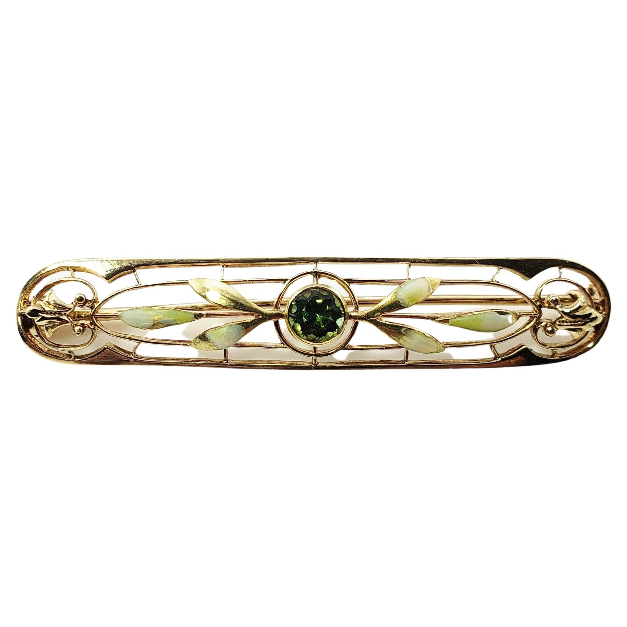 14 Karat Yellow Gold and Peridot Bar Pin or Brooch For Sale (Free