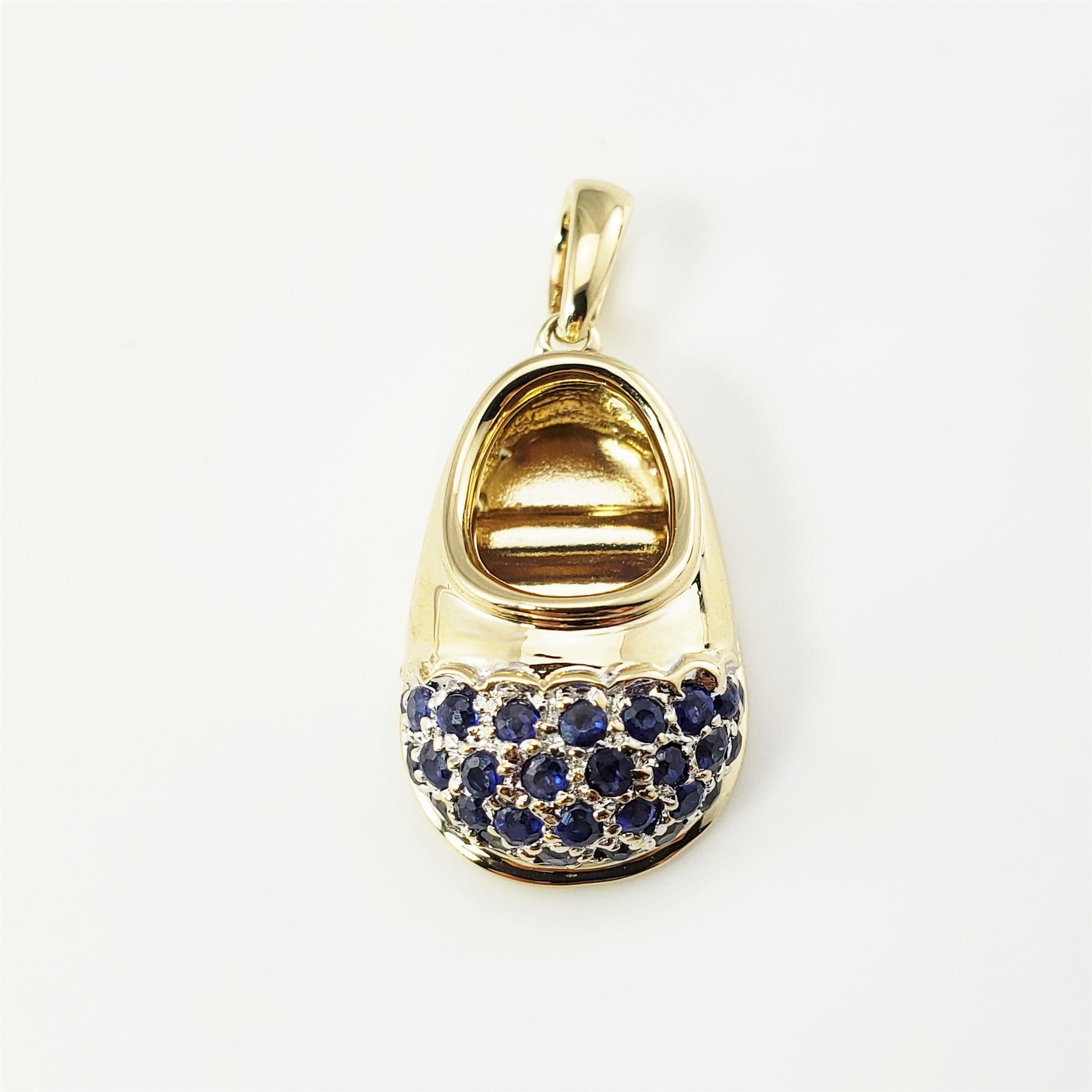 Vintage 14 Karat Yellow Gold and Sapphire Baby Shoe Charm-

This lovely 3D charm features a beautifully detailed baby shoe accented with 28 blue sapphires.  Crafted in classic 14K yellow gold.

Size:  19 mm x  11 mm (actual charm)

Weight:  2.2 dwt.