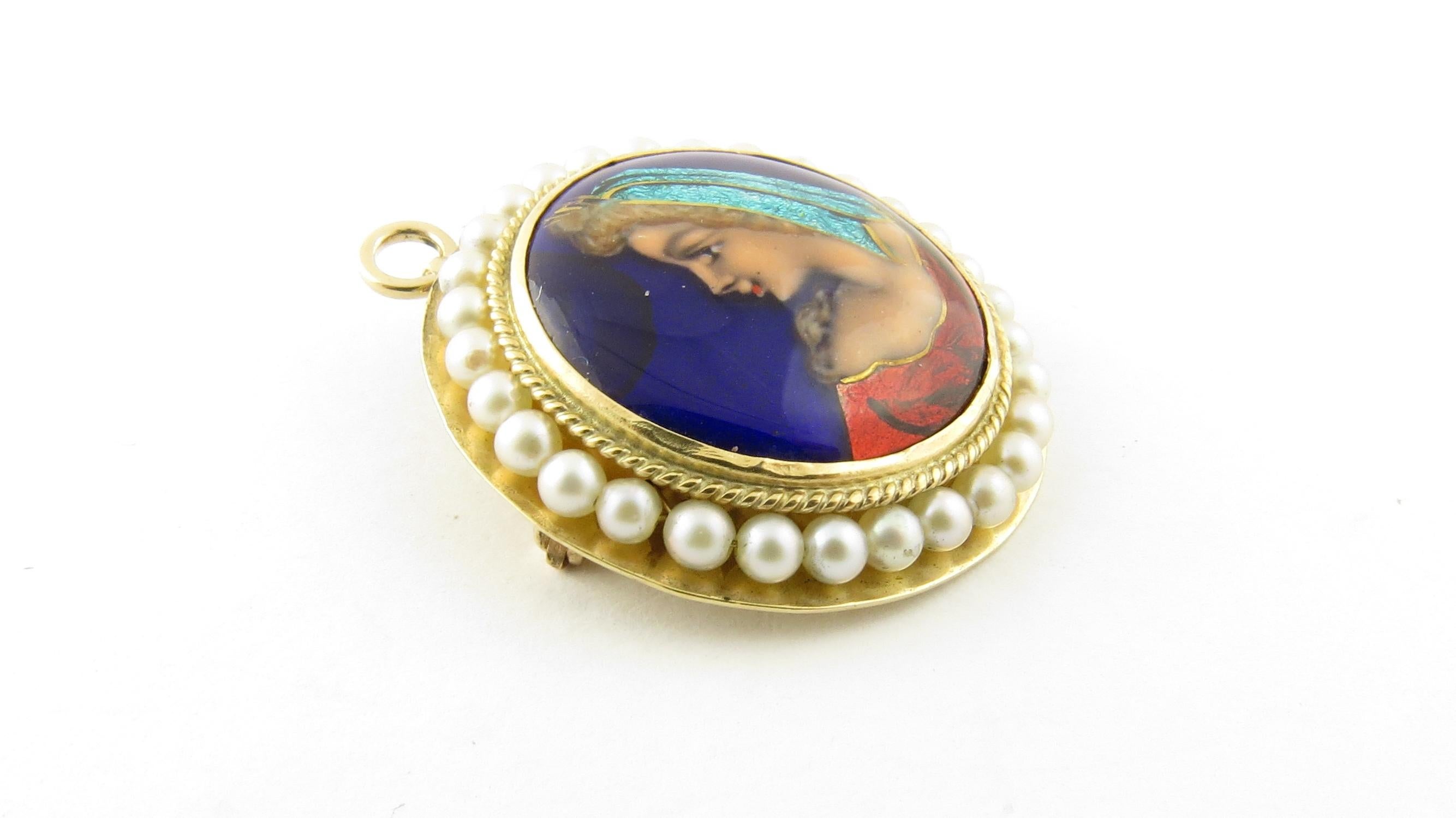 Women's Vintage 14 Karat Yellow Gold and Seed Pearl Painted Cameo Pendant / Brooch #4384