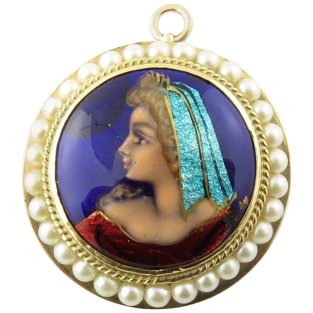 Vintage 14 Karat Yellow Gold and Seed Pearl Painted Cameo Pendant / Brooch #4384